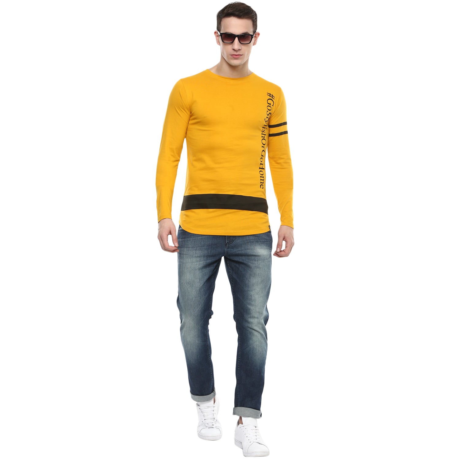 Men's Yellow Printed Full Sleeve Cotton T-Shirt