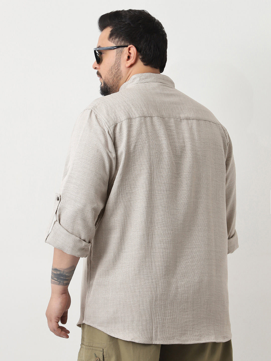 Plus Men's Beige Linen Blend Full Sleeve Relaxed Fit Mandarin Collar Casual Solid Shirt