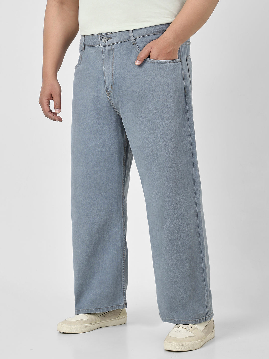 Plus Men's Light Grey Loose Fit Washed Jeans Non-Stretchable