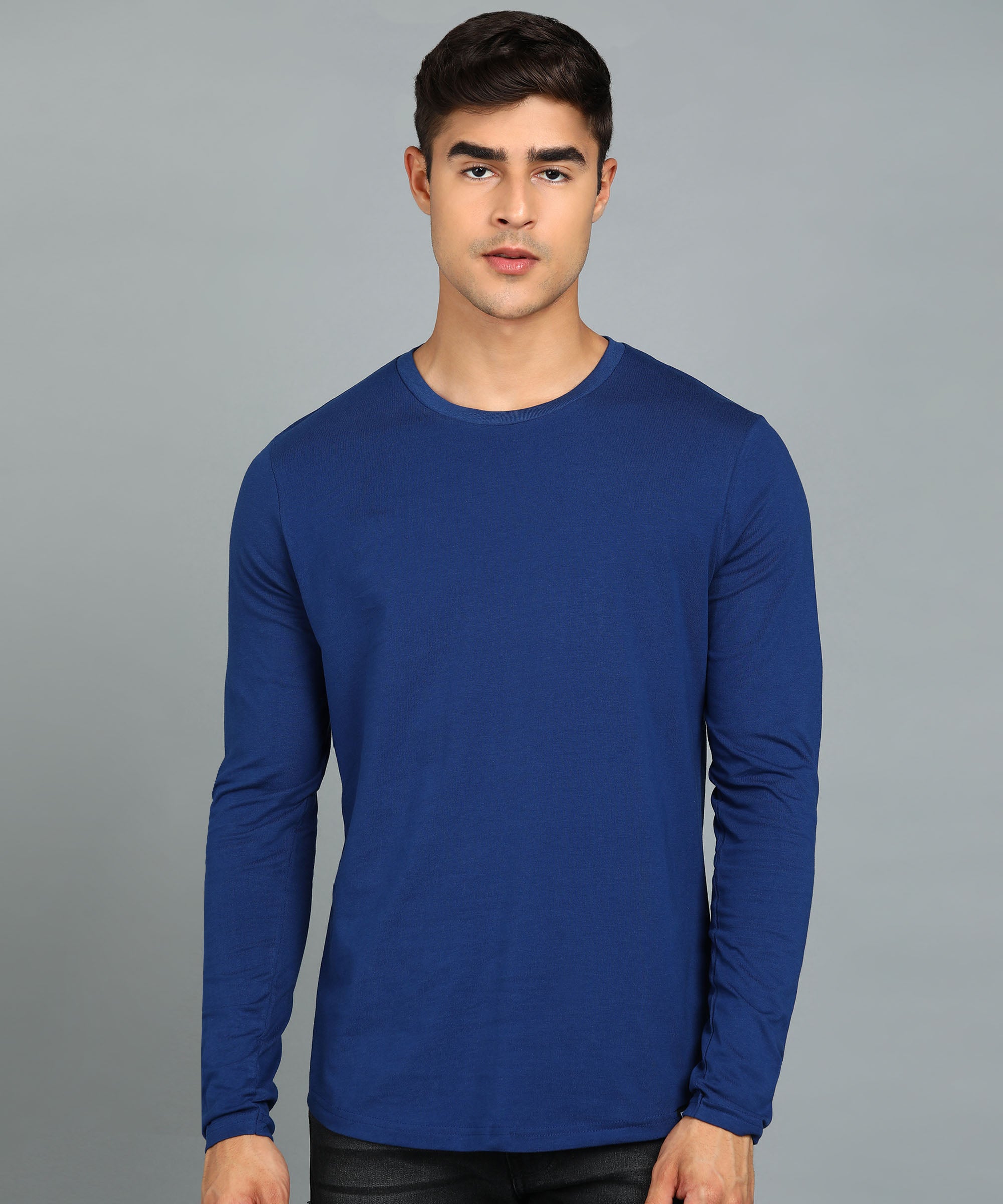 Men's Printed Dark Blue Round Neck Full Sleeve Slim Fit Cotton T-Shirt