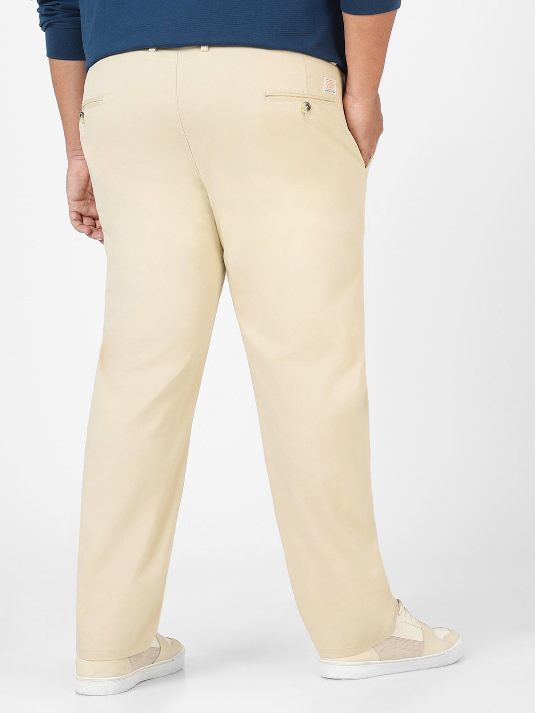 Plus Men's Cream Cotton Regular Fit Casual Chinos Trousers Stretch