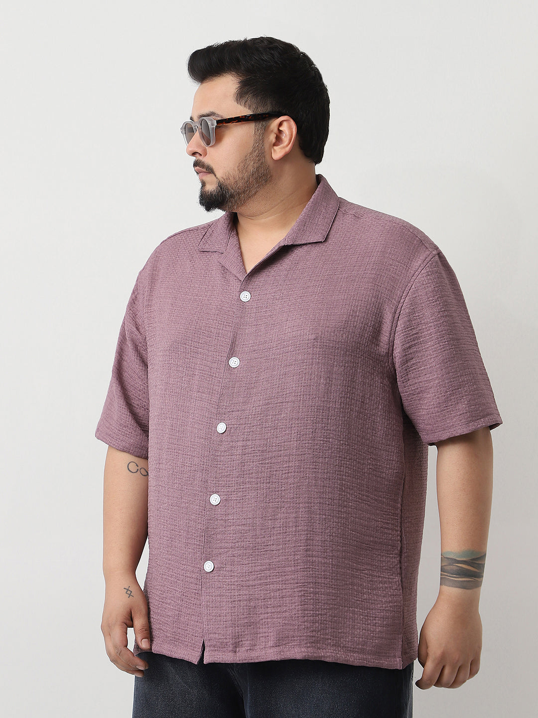 Plus Men's Purple Cotton Half Sleeve Oversized Fit Textured Shirt with Cuban Collar
