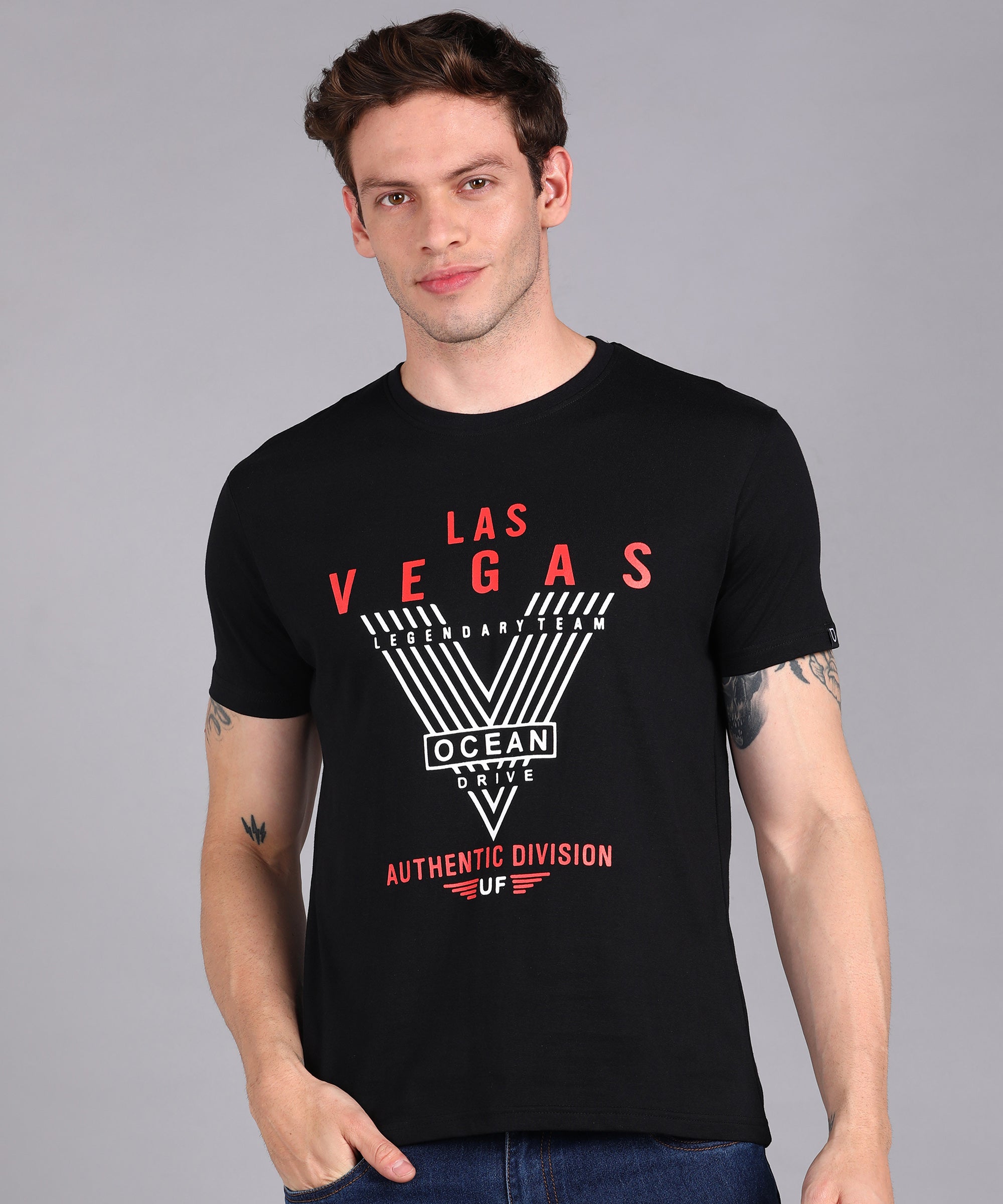 Urbano Fashion Men's Black Graphic Printed Round Neck Half Sleeve Slim Fit Cotton T-Shirt