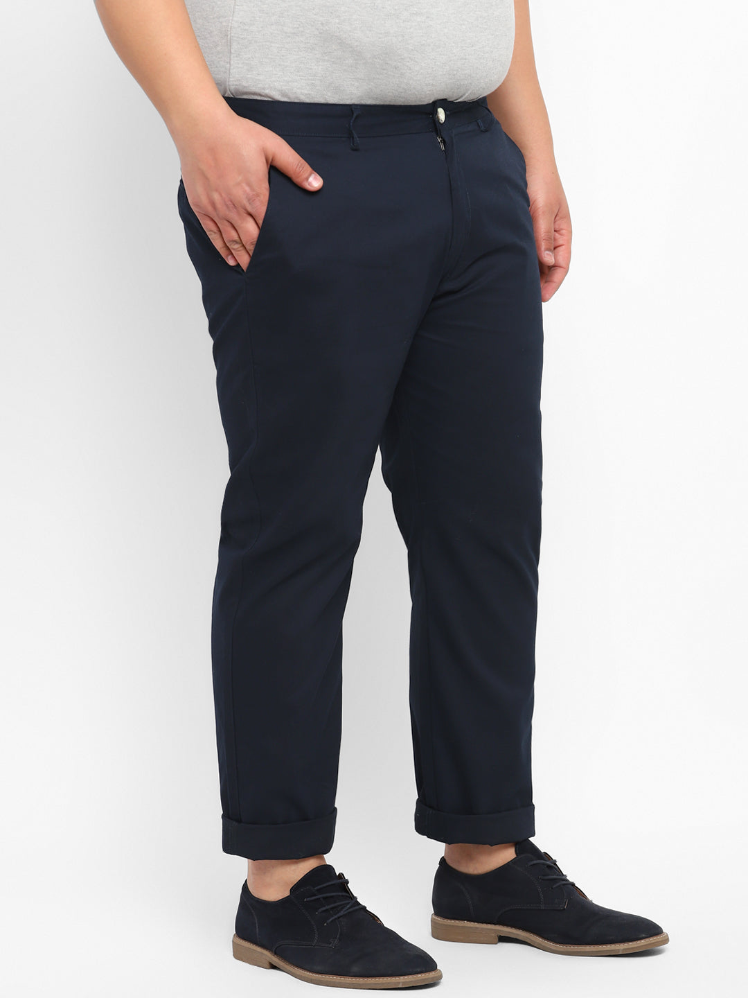 Plus Men's Dark Blue Cotton Regular Fit Casual Chinos Trousers