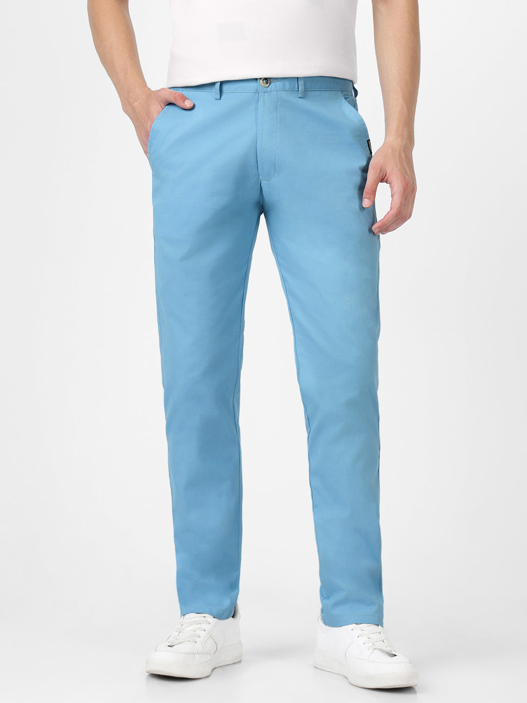 Men's Blue Cotton Slim Fit Casual Chinos Trousers