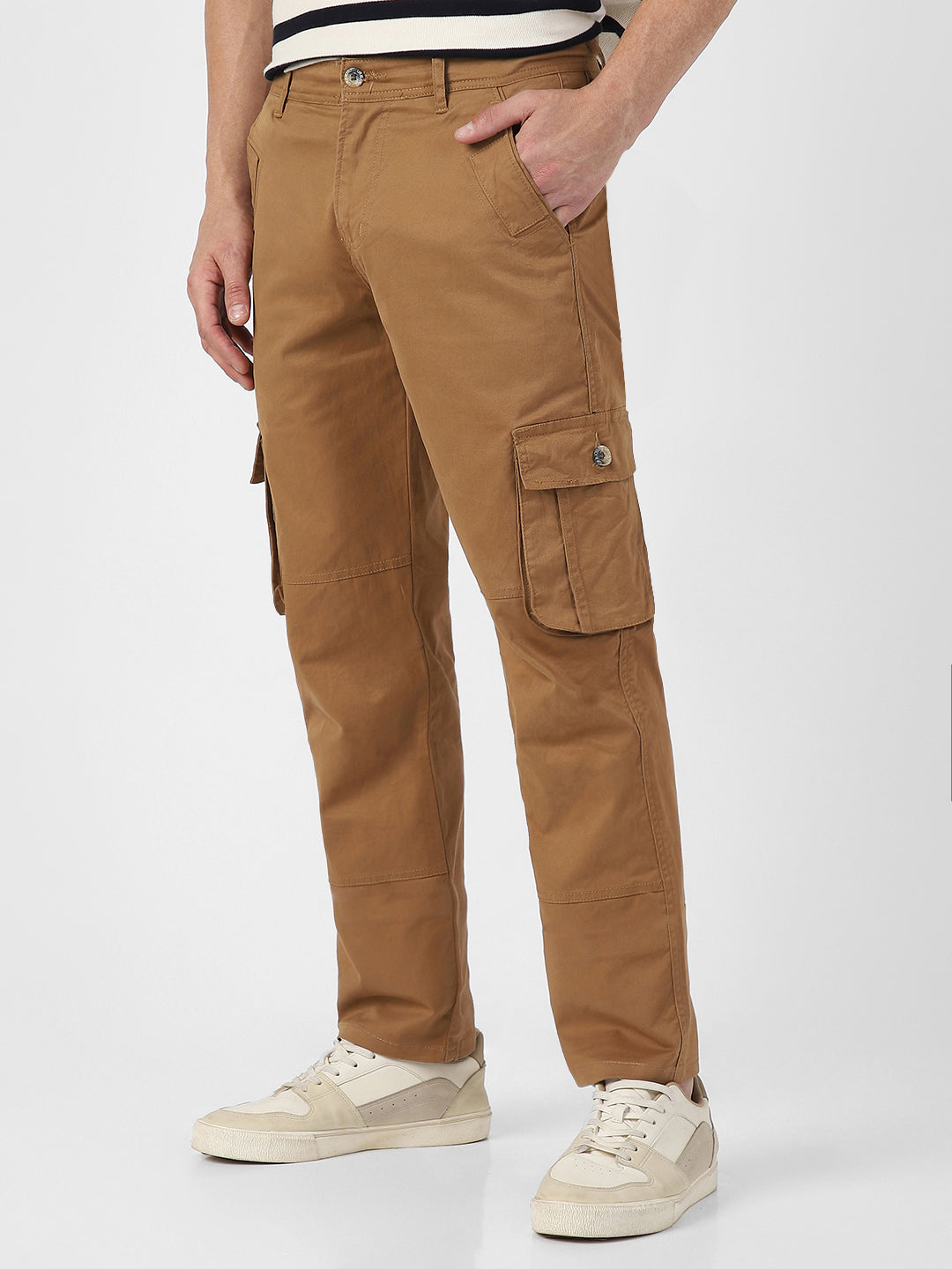 Men's Dark Khaki Regular Fit Solid Cargo Chino Pant with 6 Pockets