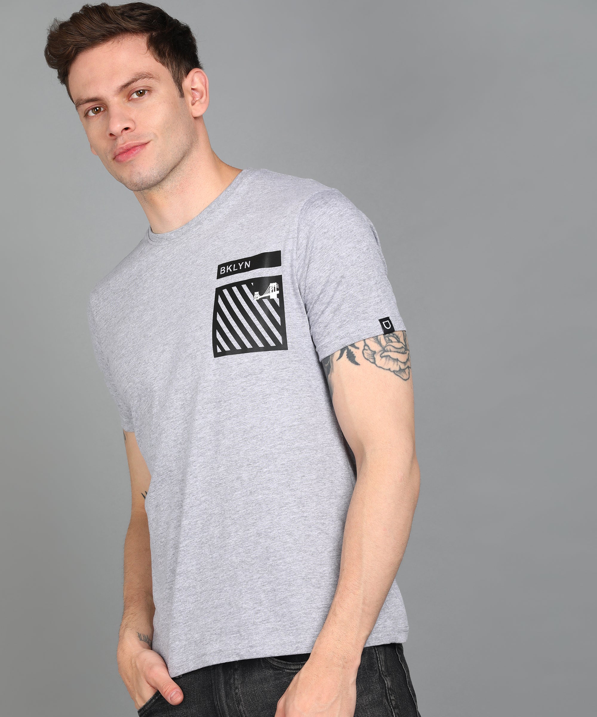 Urbano Fashion Men's Grey Graphic Printed Round Neck Half Sleeve Slim Fit Cotton T-Shirt