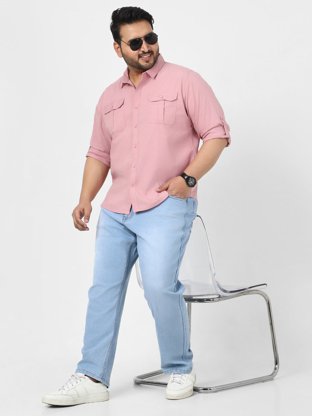 Men's Pink Cotton Full Sleeve Regular Fit Casual Solid Shirt