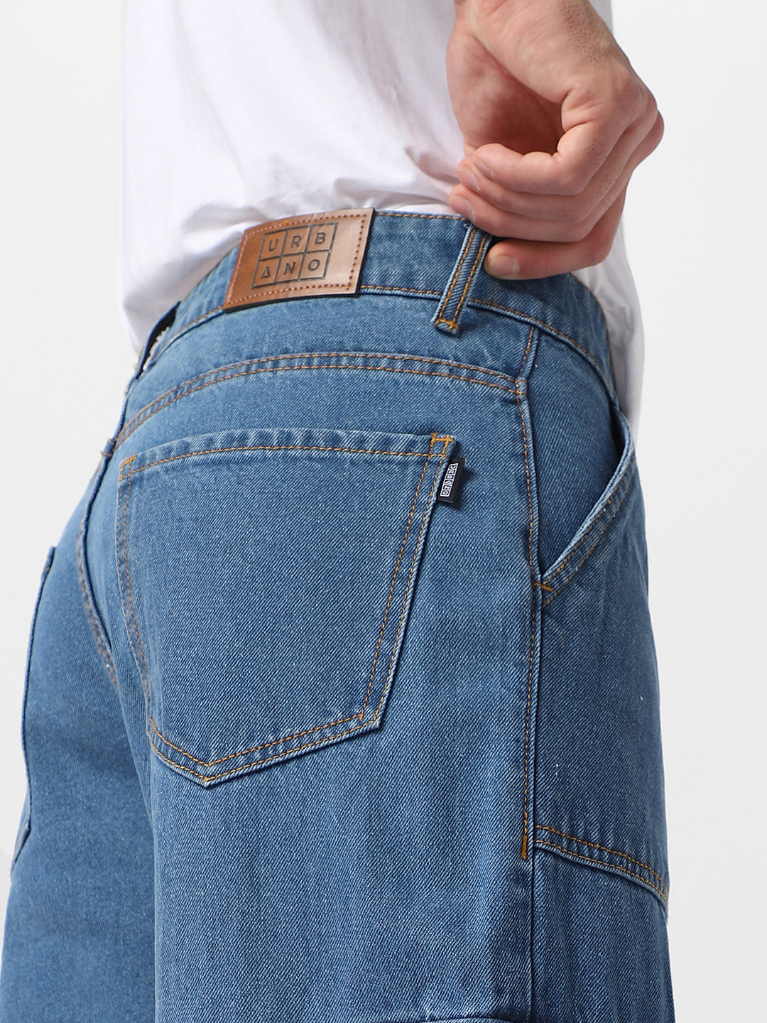 Men's Light Blue Loose Fit Cargo Jeans with 6 Pockets Non-Stretchable