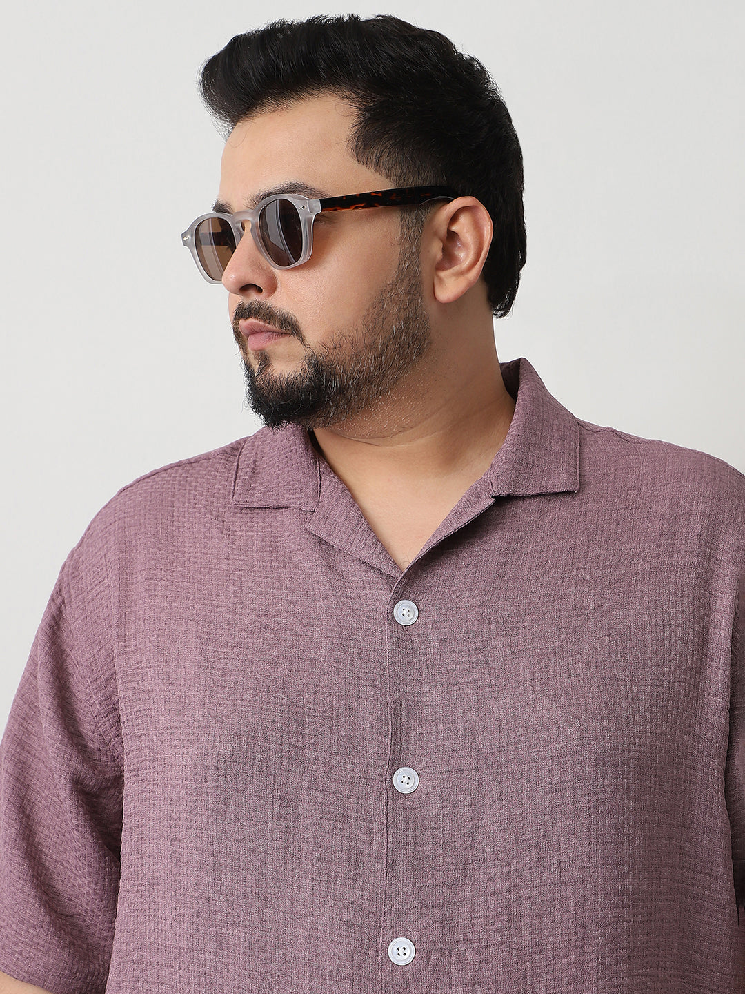 Plus Men's Purple Cotton Half Sleeve Oversized Fit Textured Shirt with Cuban Collar