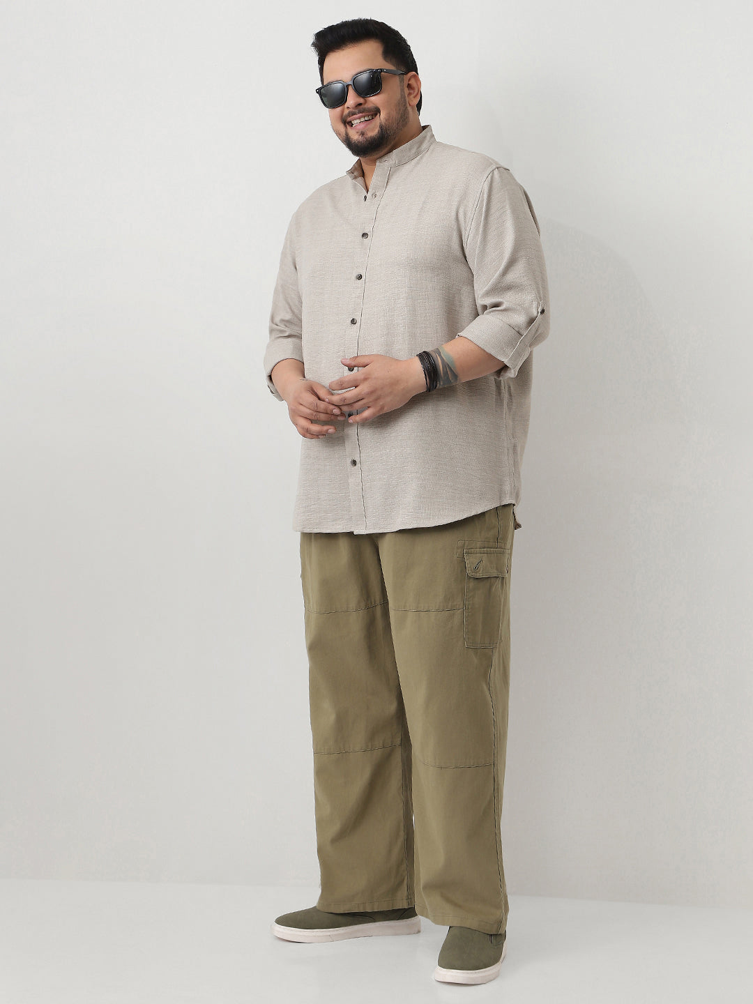 Plus Men's Beige Linen Blend Full Sleeve Relaxed Fit Mandarin Collar Casual Solid Shirt