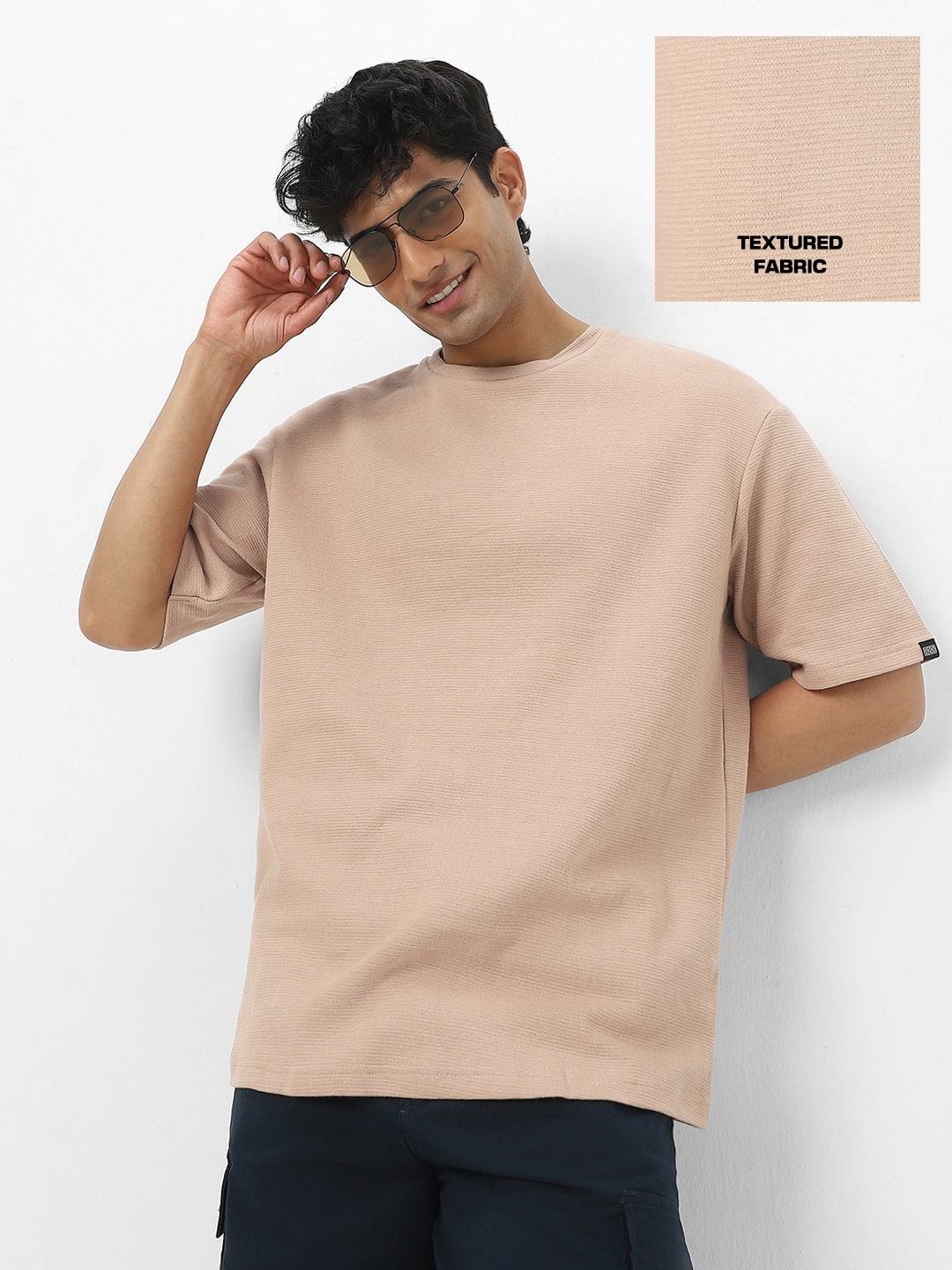 Men's Ginger Root Textured Round Neck Oversized Half Sleeve Cotton T-Shirt