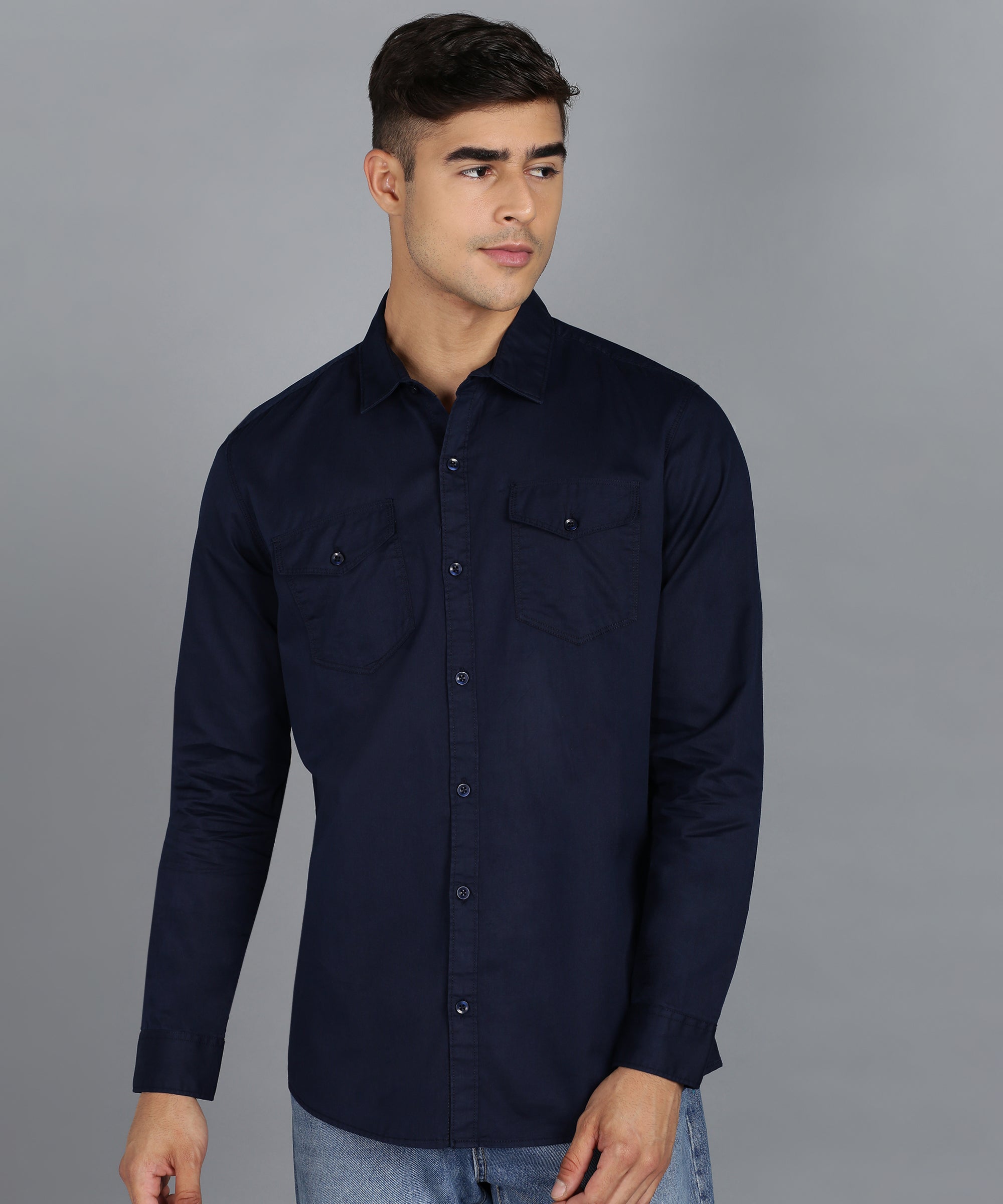 Men's Navy Blue Cotton Full Sleeve Slim Fit Casual Solid Shirt