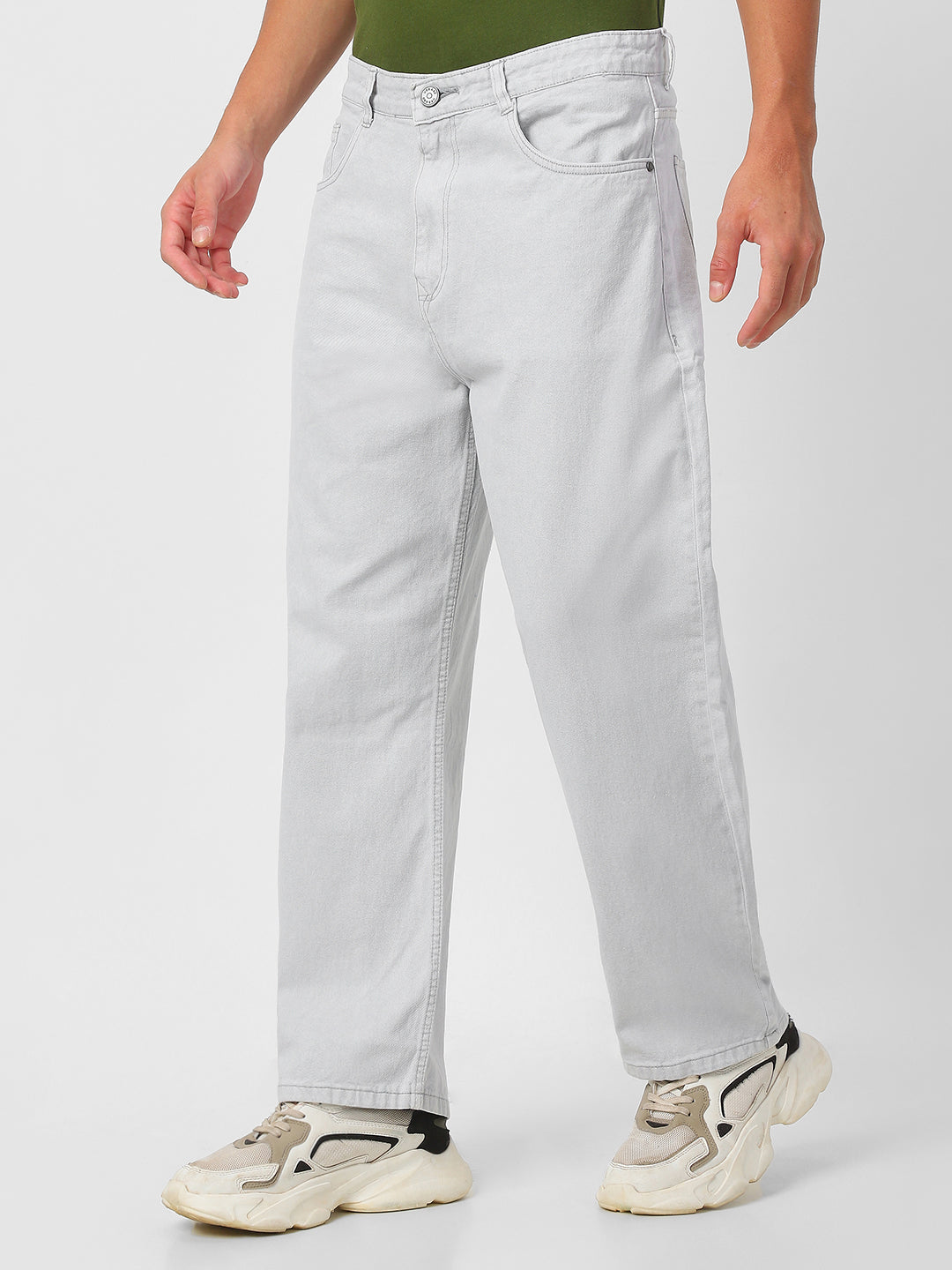 Men's Light Grey Loose Fit Washed Jeans Non-Stretchable