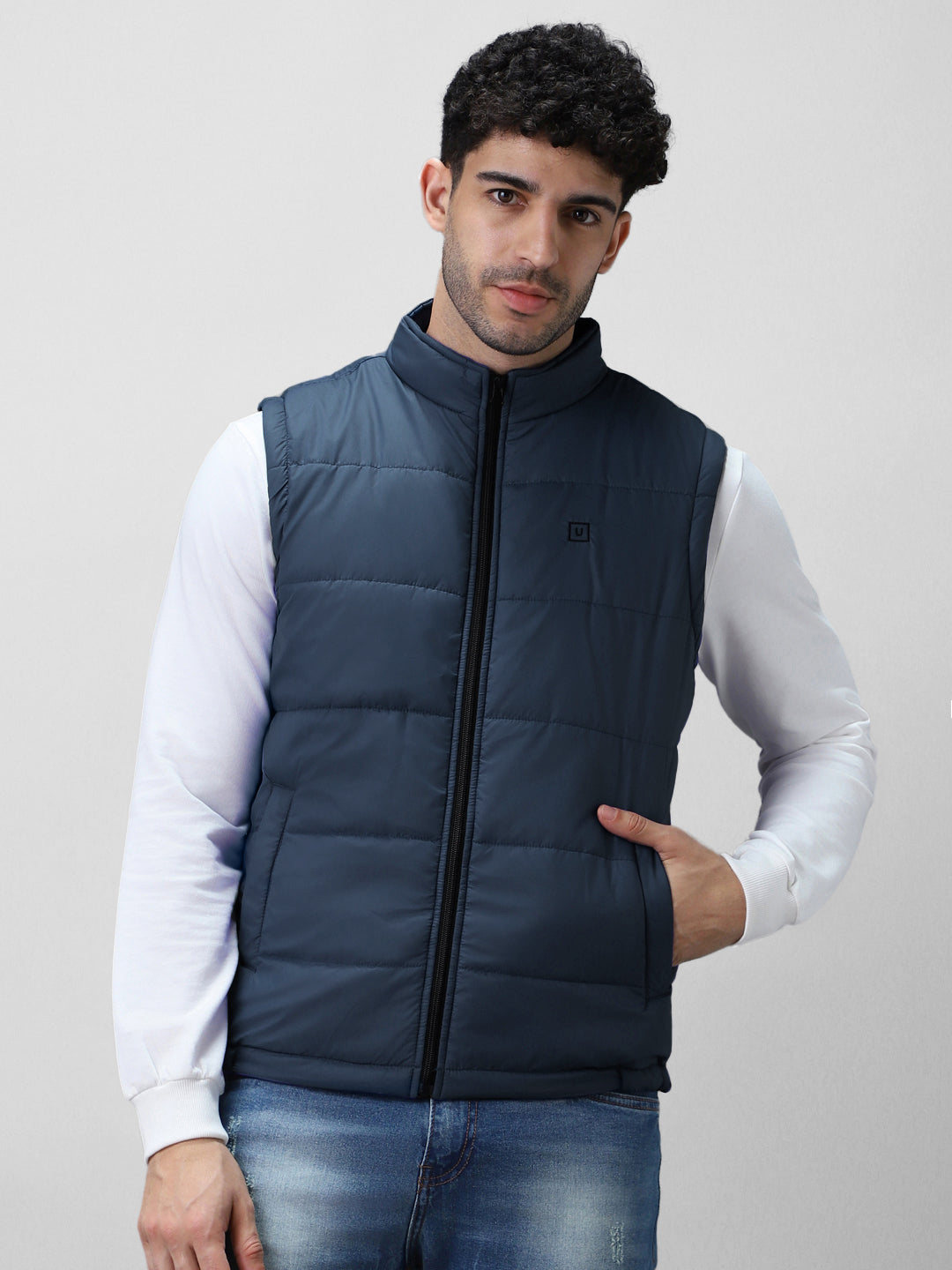 Men's Blue Sleeveless Zippered Puffer Jacket