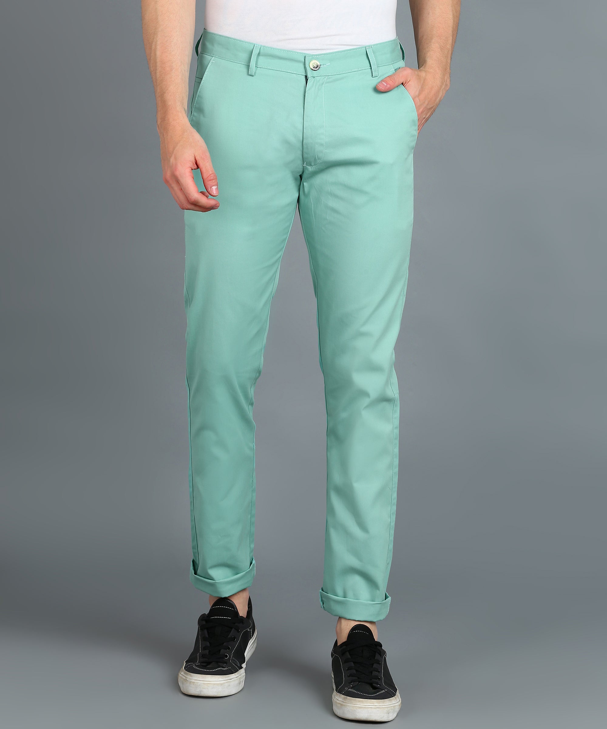 Men's Green Cotton Slim Fit Casual Chinos Trousers