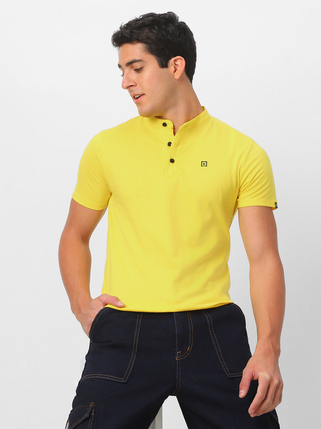 Men's Mustard Solid Mandarin Collar Slim Fit Cotton T-Shirt
