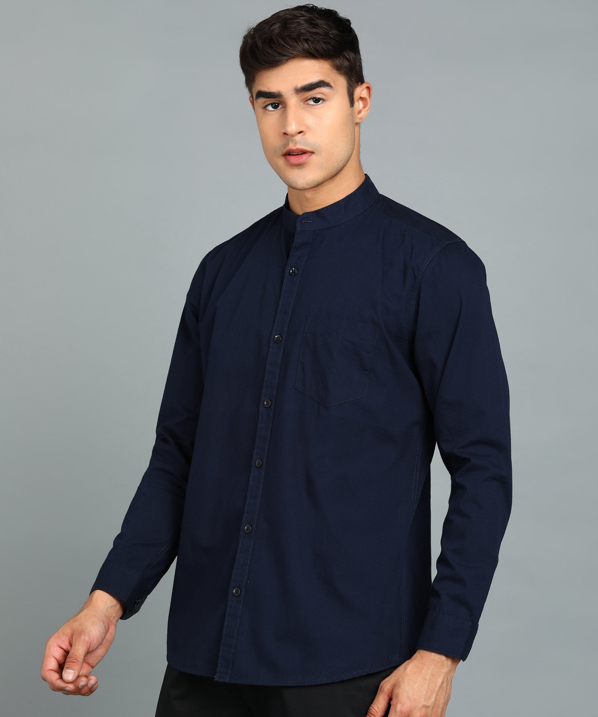Men's Navy Blue Cotton Full Sleeve Slim Fit Solid Shirt with Mandarin Collar