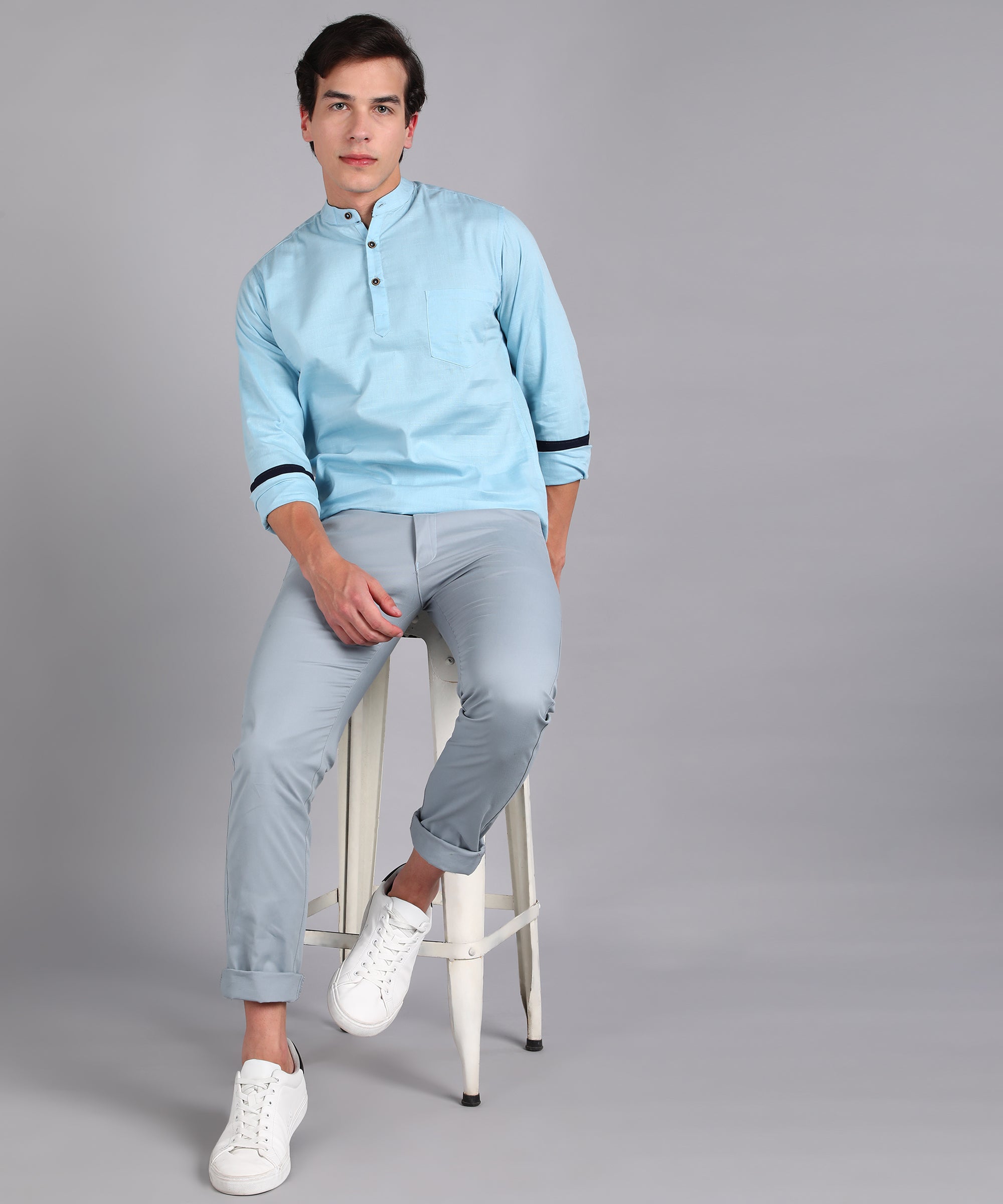 Men's Sky Blue Cotton Full Sleeve Slim Fit Solid Shirt with Mandarin Collar