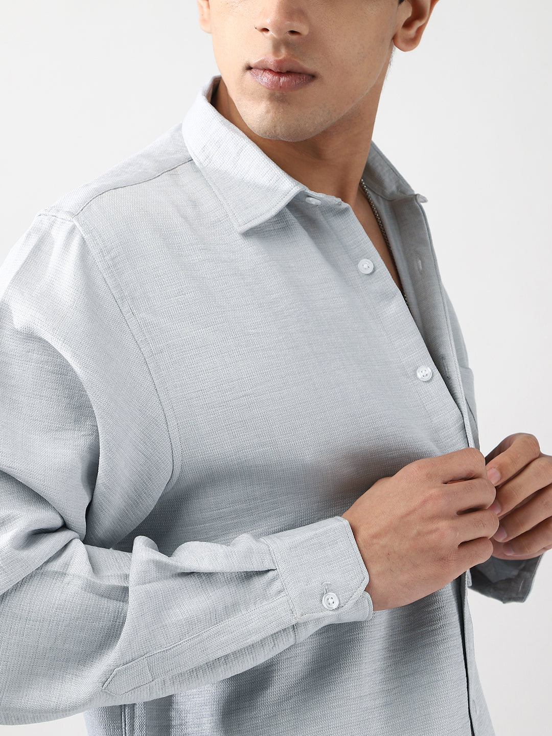 Men's Light Grey Linen Blend Full Sleeve Relaxed Fit Casual Solid Shirt