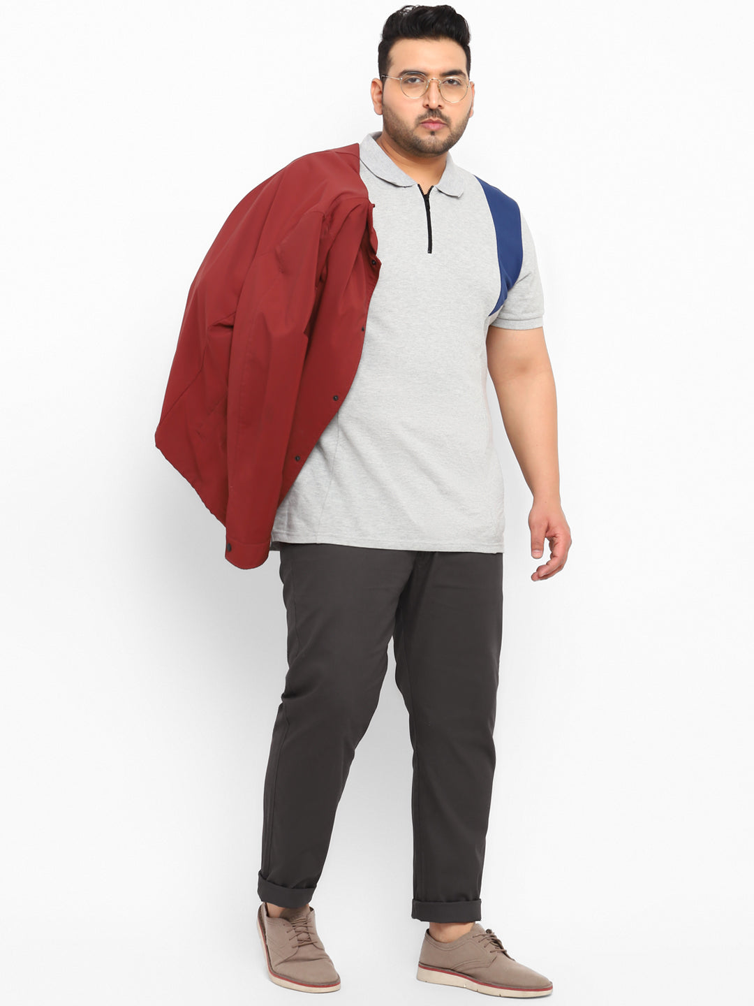 Plus Men's Grey Cotton Regular Fit Casual Chinos Trousers