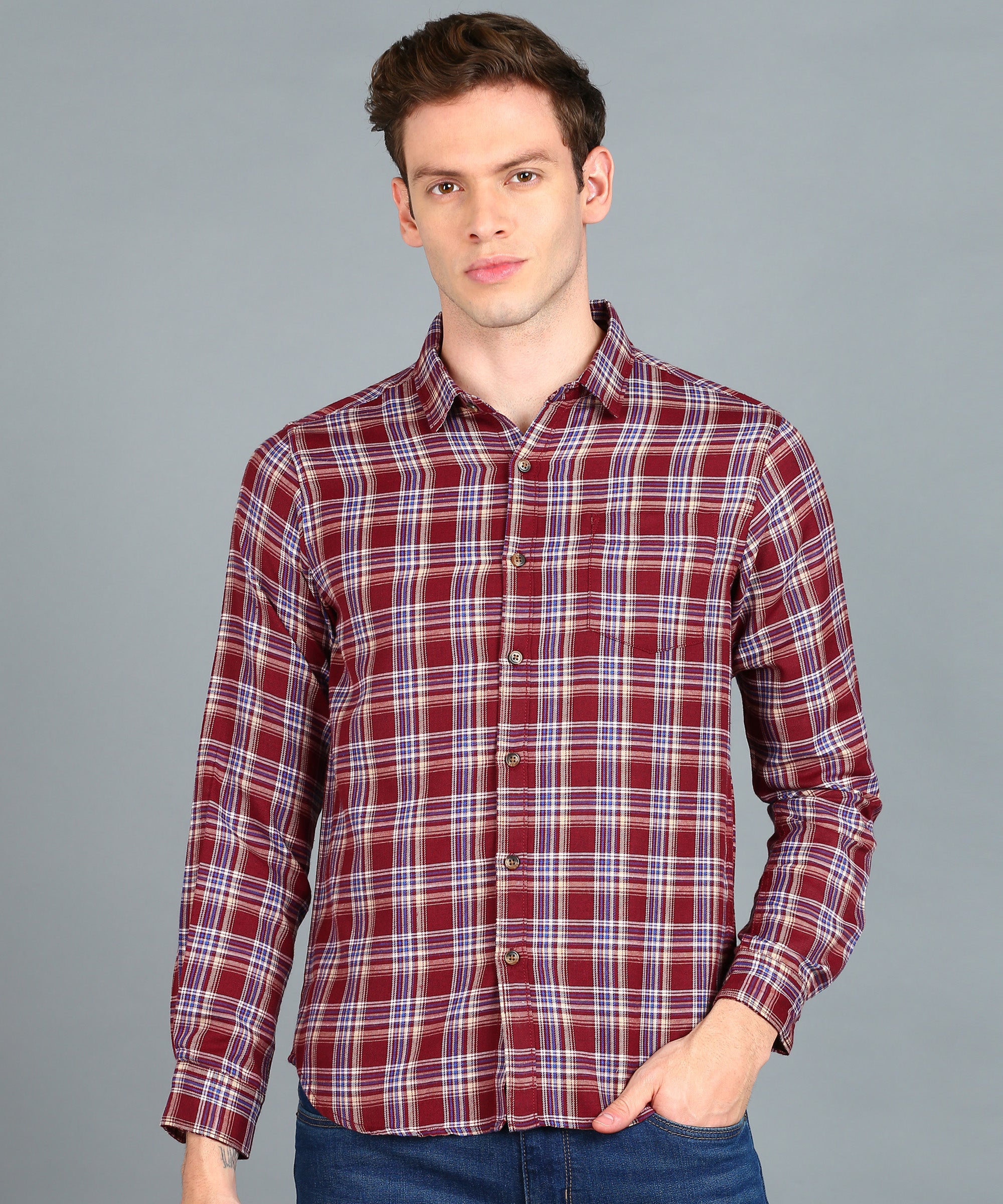 Men's Red Cotton Full Sleeve Slim Fit Casual Checkered Shirt