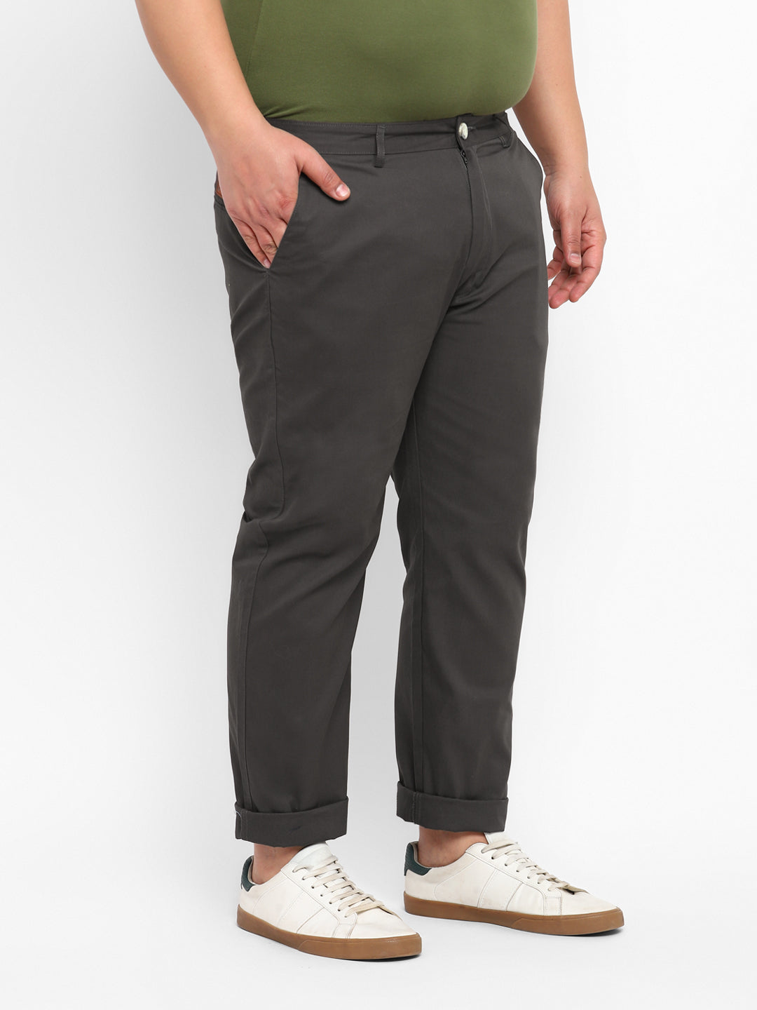 Plus Men's Dark Grey Cotton Regular Fit Casual Chinos Trousers