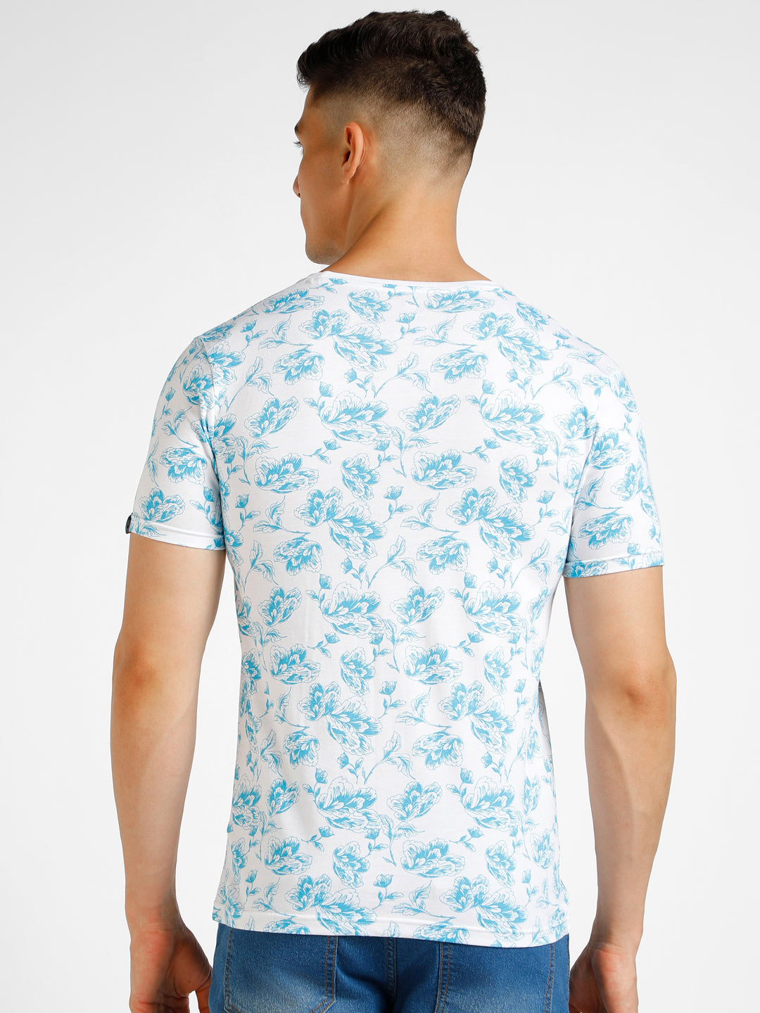 Men's White Printed Round Neck Half Sleeve Slim Fit Cotton T-Shirt