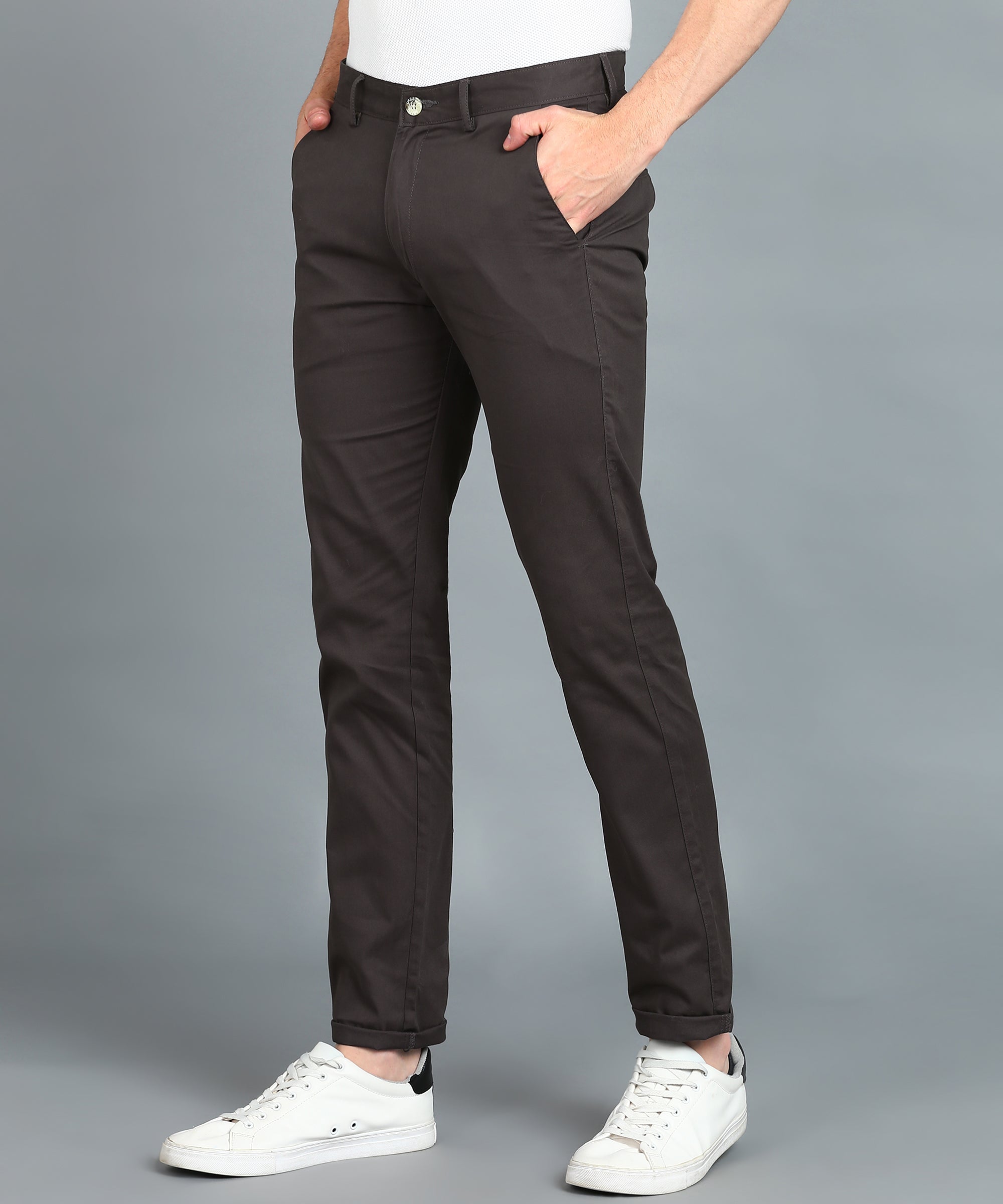 Men's Grey Cotton Slim Fit Casual Chinos Trousers