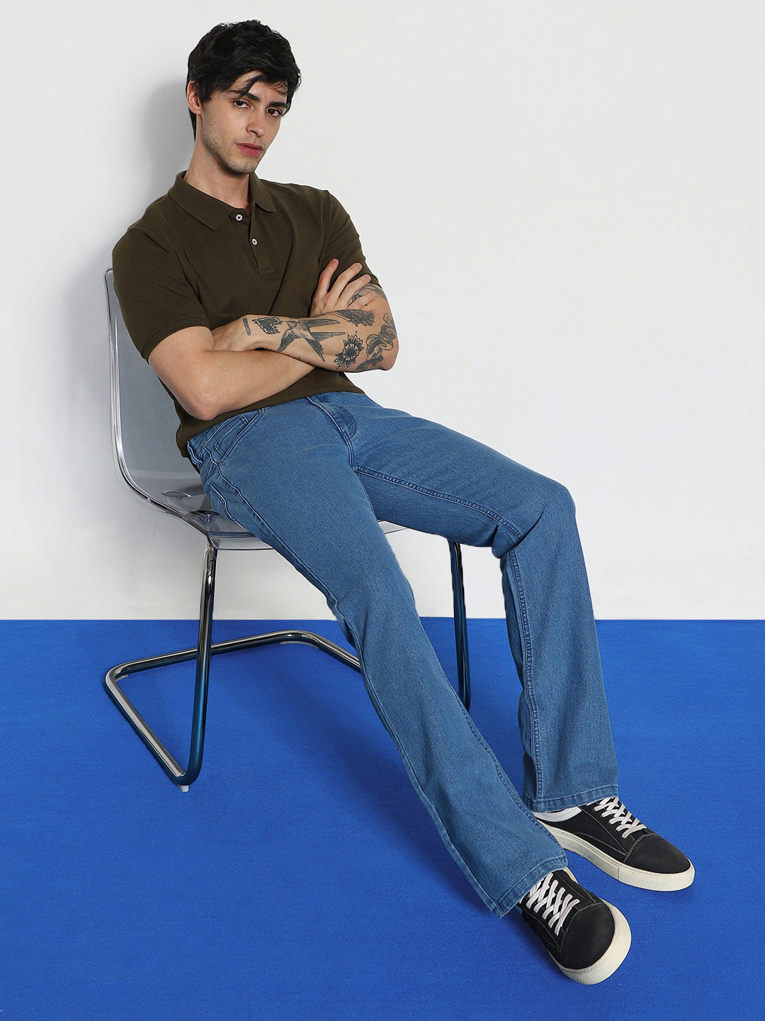 Men's Light Blue Washed Bootcut Jeans Stretchable