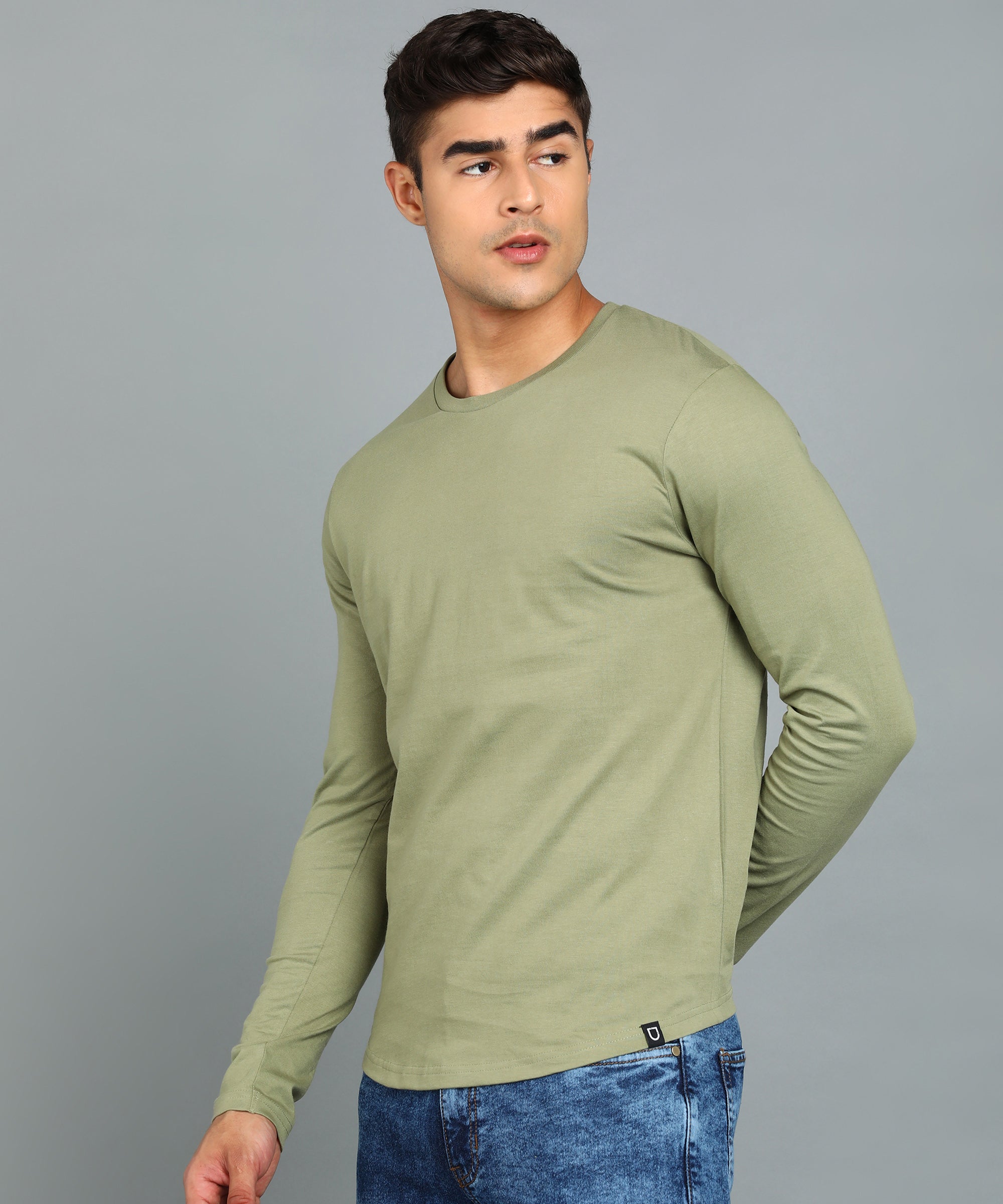 Men's Printed Olive Round Neck Full Sleeve Slim Fit Cotton T-Shirt