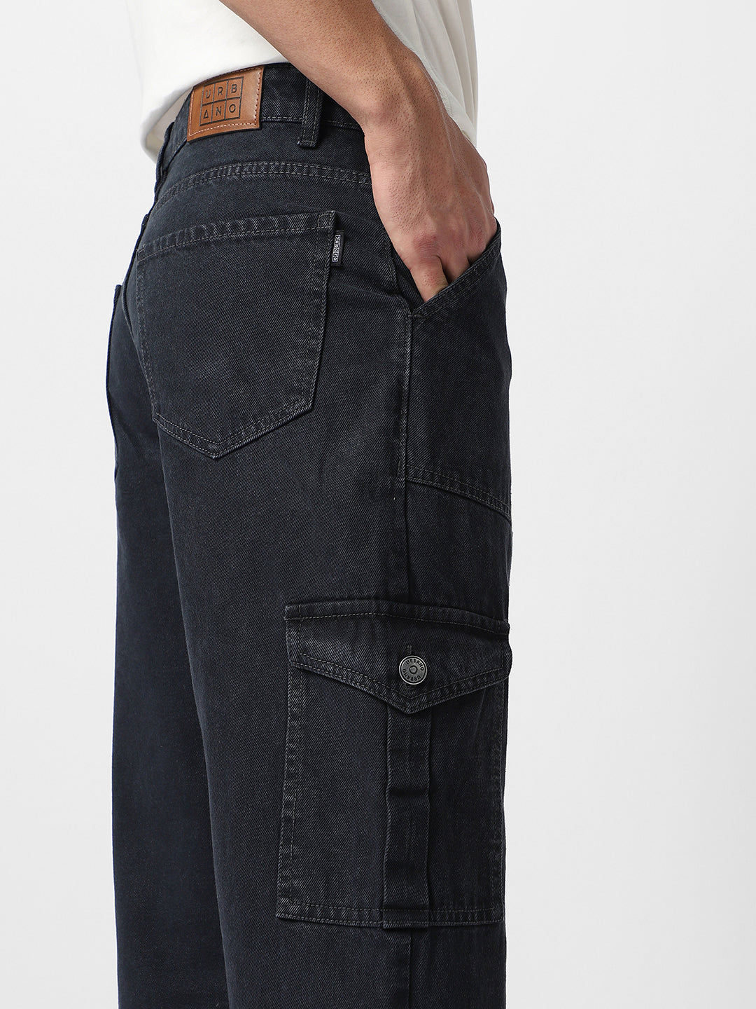 Men's Dark Grey Loose Fit Cargo Jeans with 6 Pockets Non-Stretchable