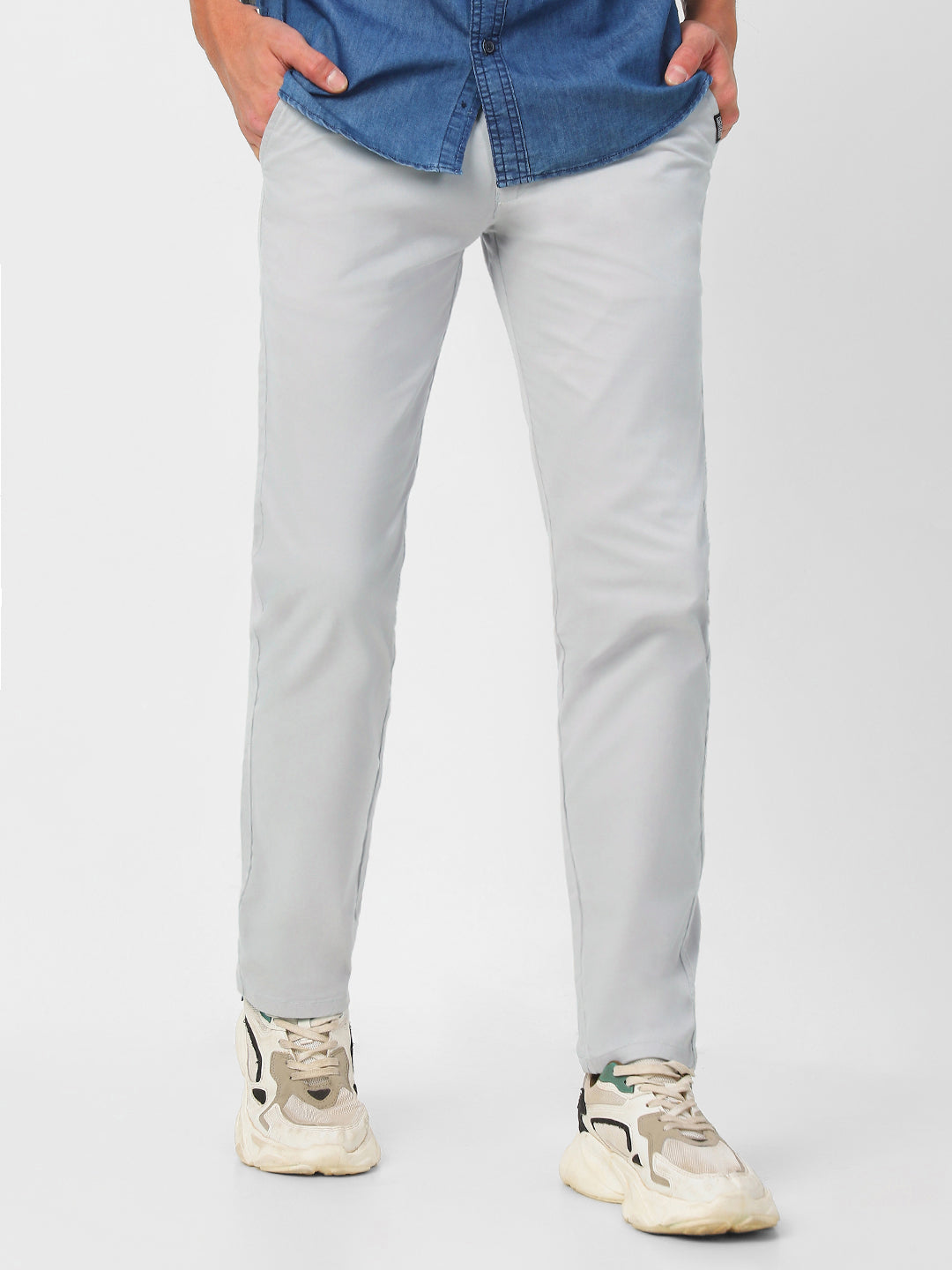 Men's Light Grey Cotton Slim Fit Casual Chinos Trousers Stretch