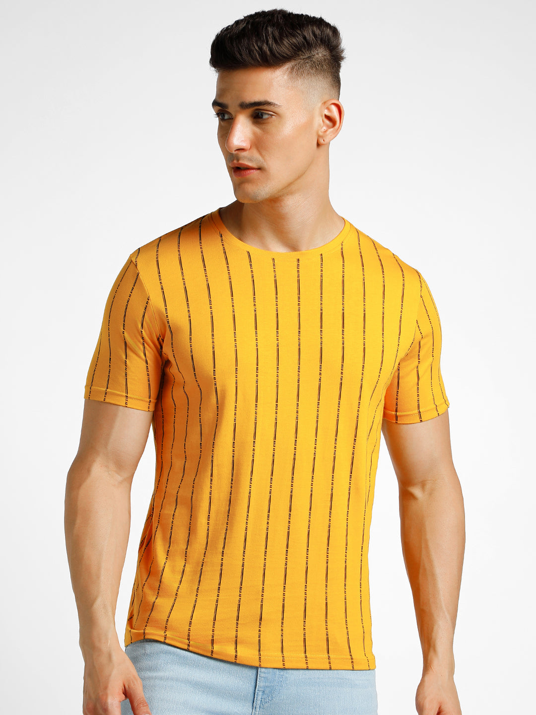 Men's Yellow Printed Round Neck Half Sleeve Slim Fit Cotton T-Shirt