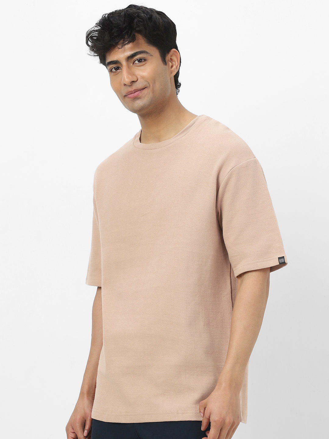 Men's Ginger Root Textured Round Neck Oversized Half Sleeve Cotton T-Shirt