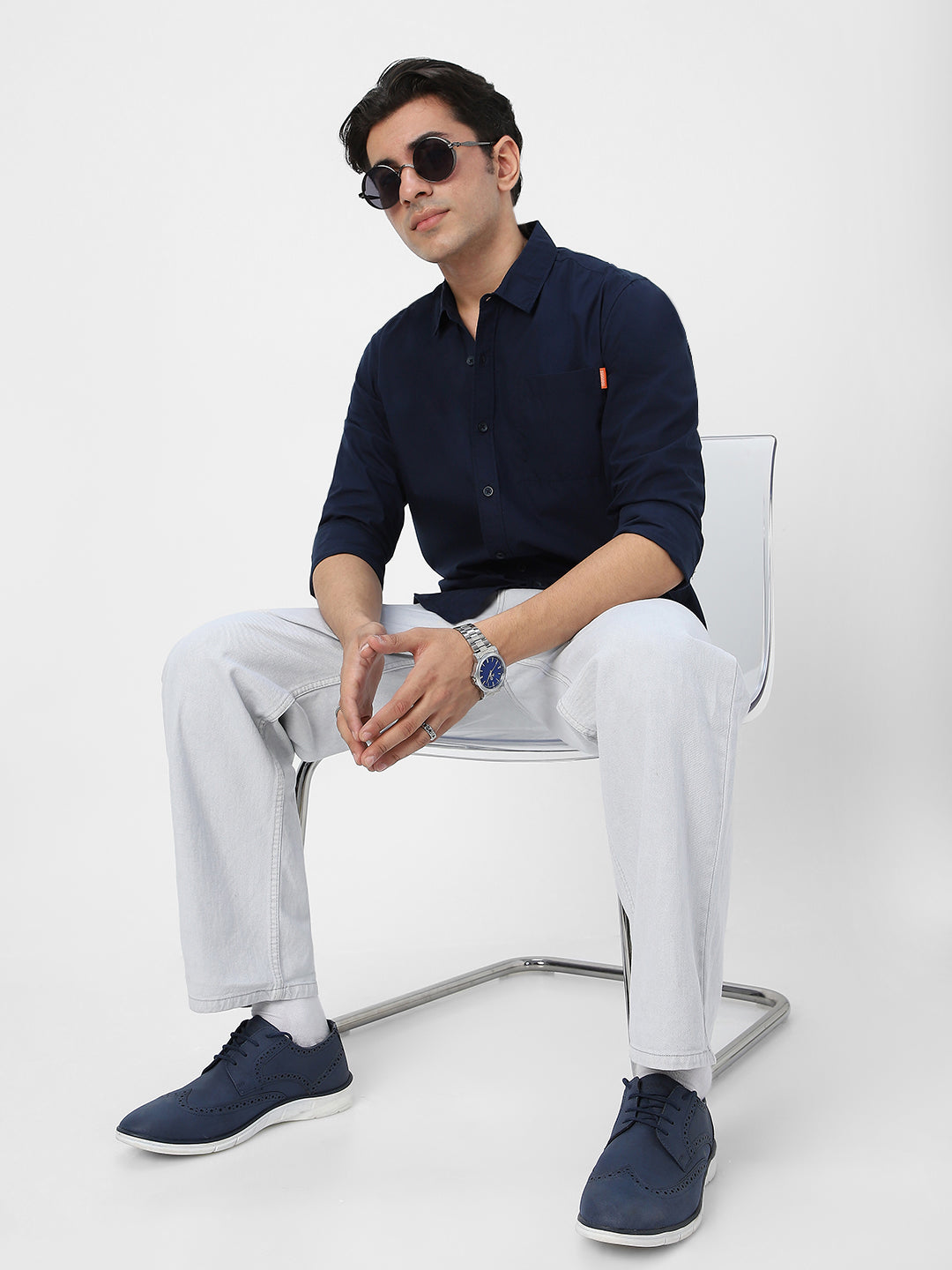 Men's Navy Cotton Full Sleeve Regular Fit Casual Solid Shirt