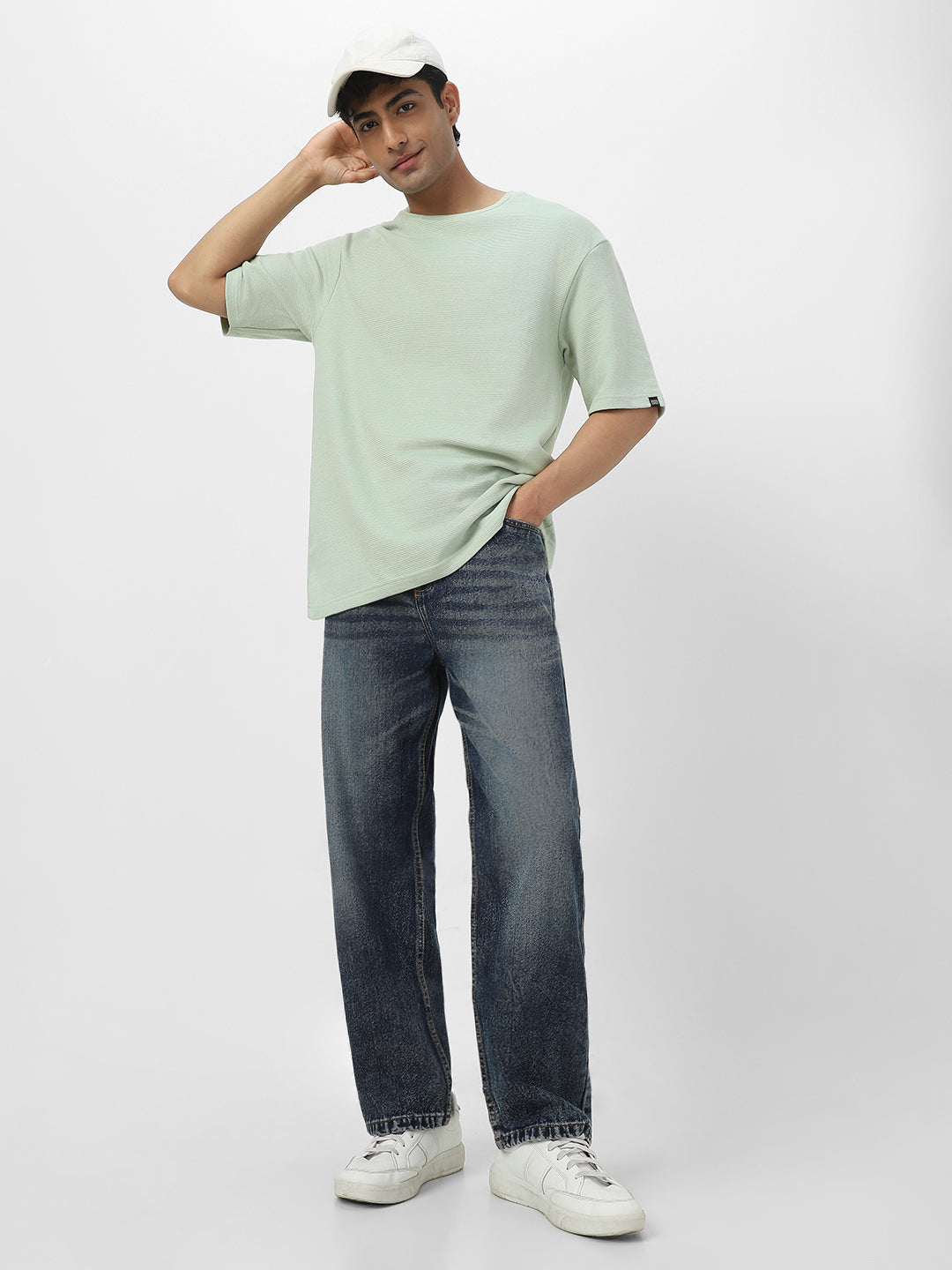 Men's Pastel Green Textured Round Neck Oversized Half Sleeve Cotton T-Shirt