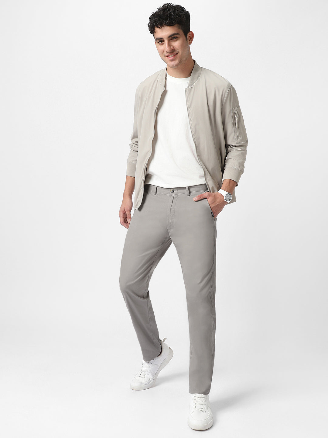 Men's Grey Cotton Slim Fit Casual Chinos Trousers