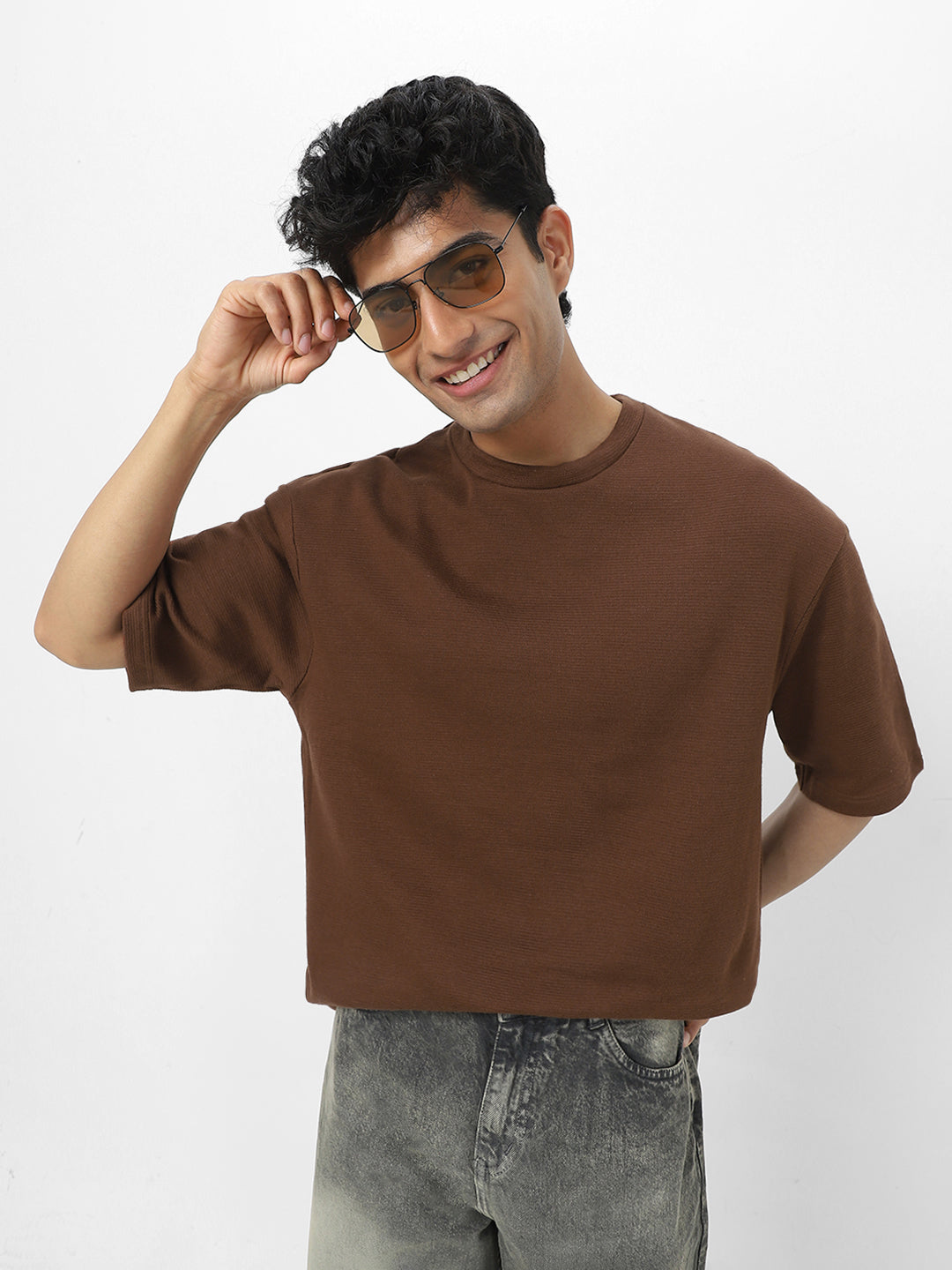 Men's Chocolate Brown Textured Round Neck Oversized Half Sleeve Cotton T-Shirt
