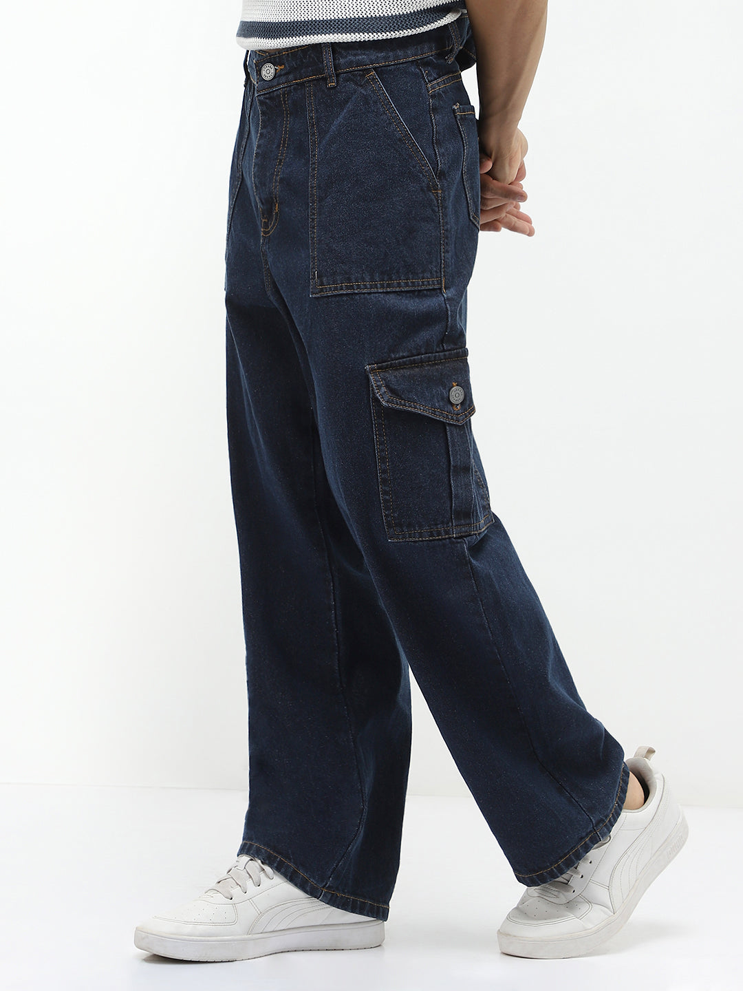 Men's Blue Loose Fit Cargo Jeans with 6 Pockets Non-Stretchable