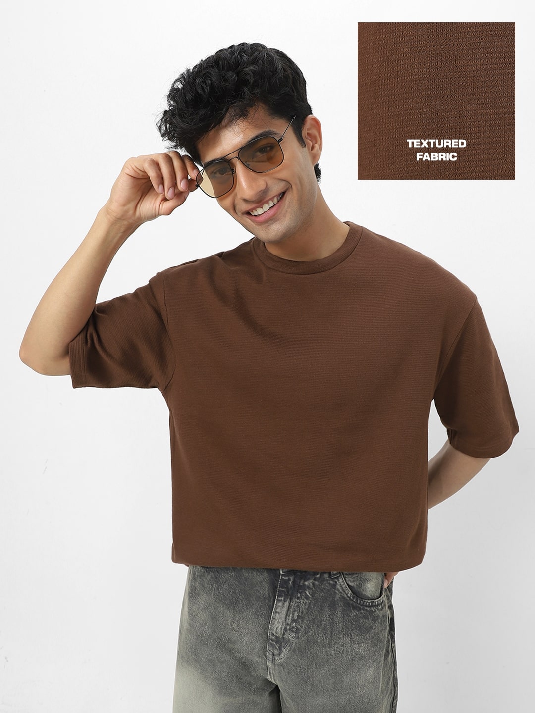 Men's Chocolate Brown Textured Round Neck Oversized Half Sleeve Cotton T-Shirt