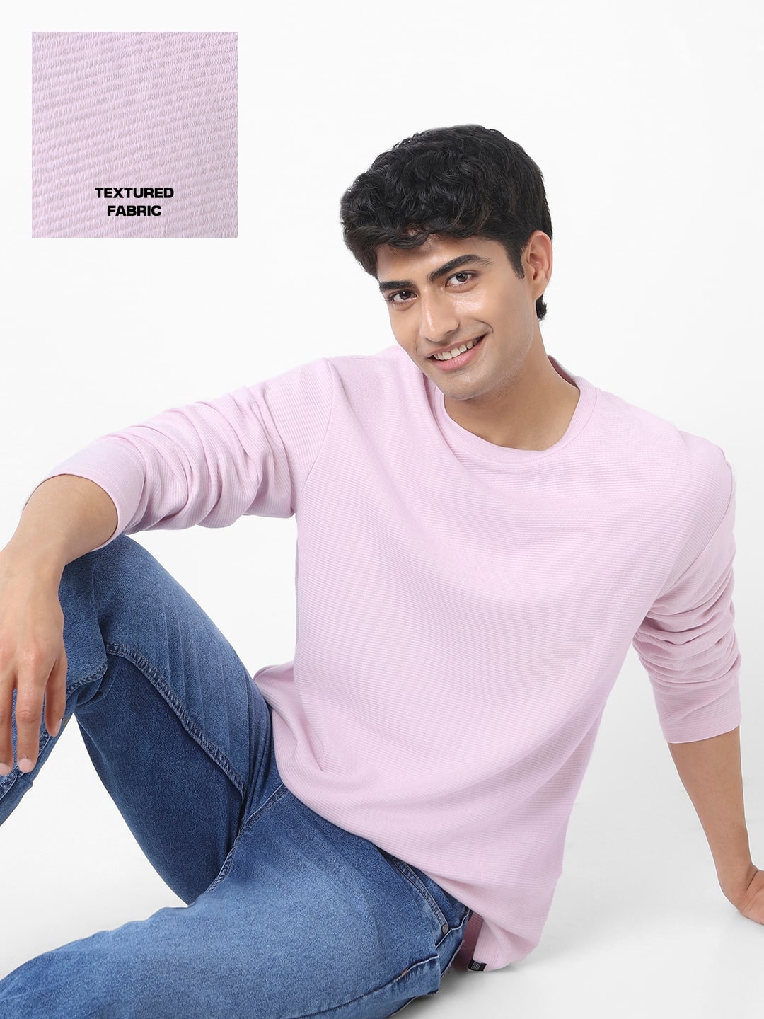 Men's Lavender Textured Round Neck Oversized Full Sleeve Cotton T-Shirt