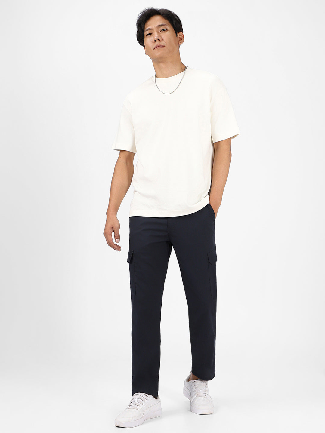 Men's Navy Blue Regular Fit Solid Cargo Chino Pant With 6 Pockets