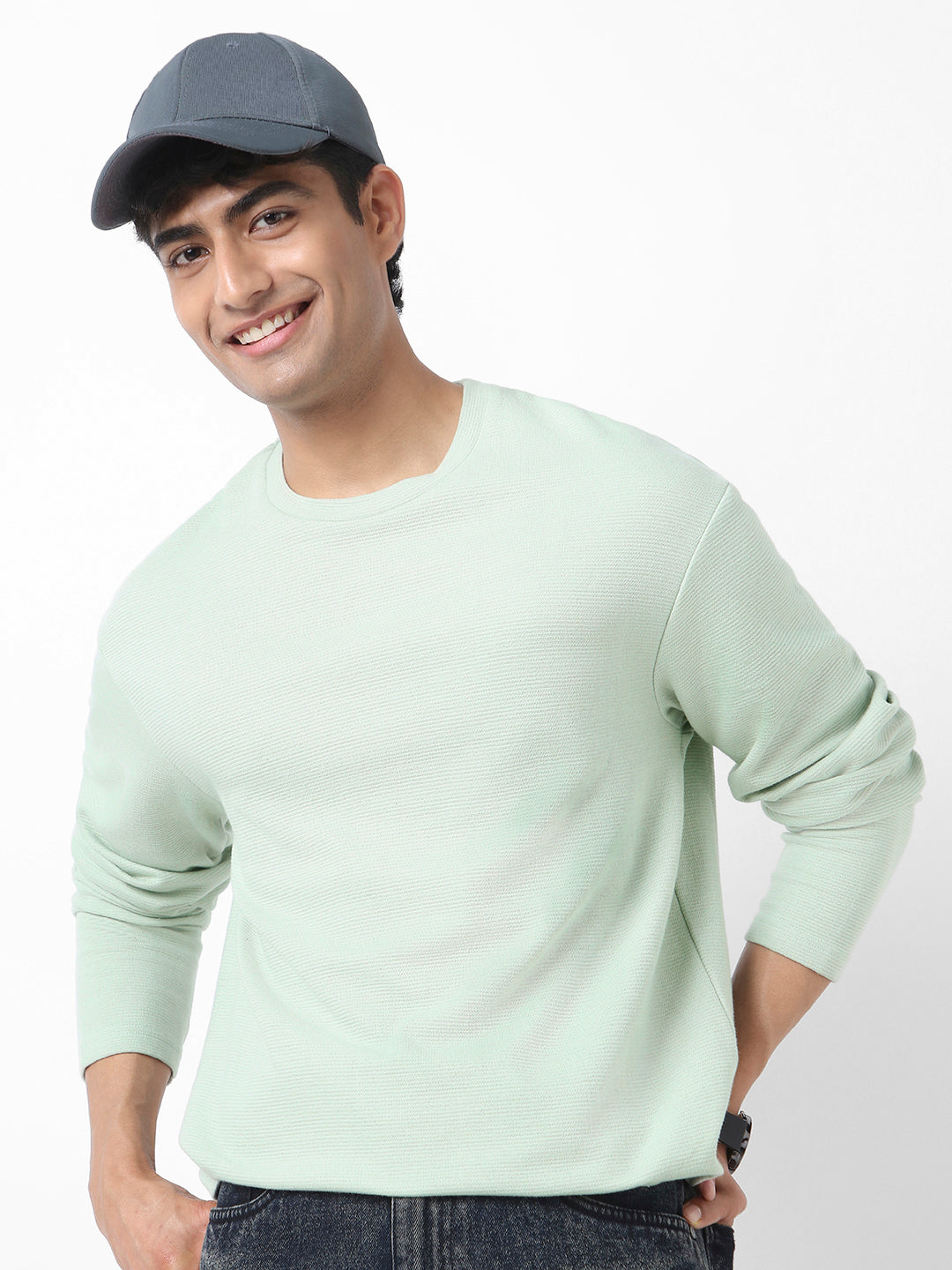 Men's Pastel Green Textured Round Neck Oversized Full Sleeve Cotton T-Shirt