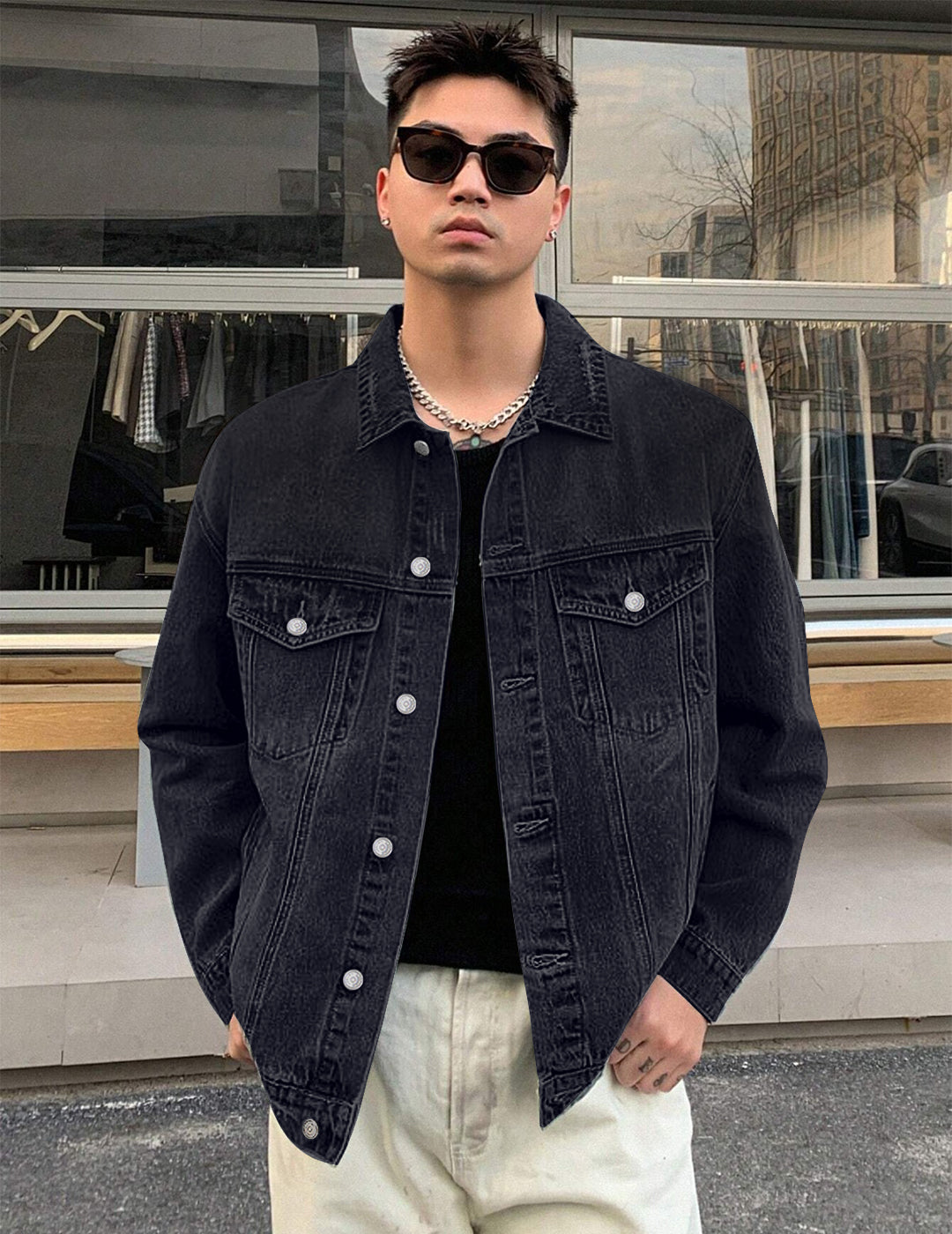 Men's Black Regular Fit Washed Full Sleeve Denim Jacket