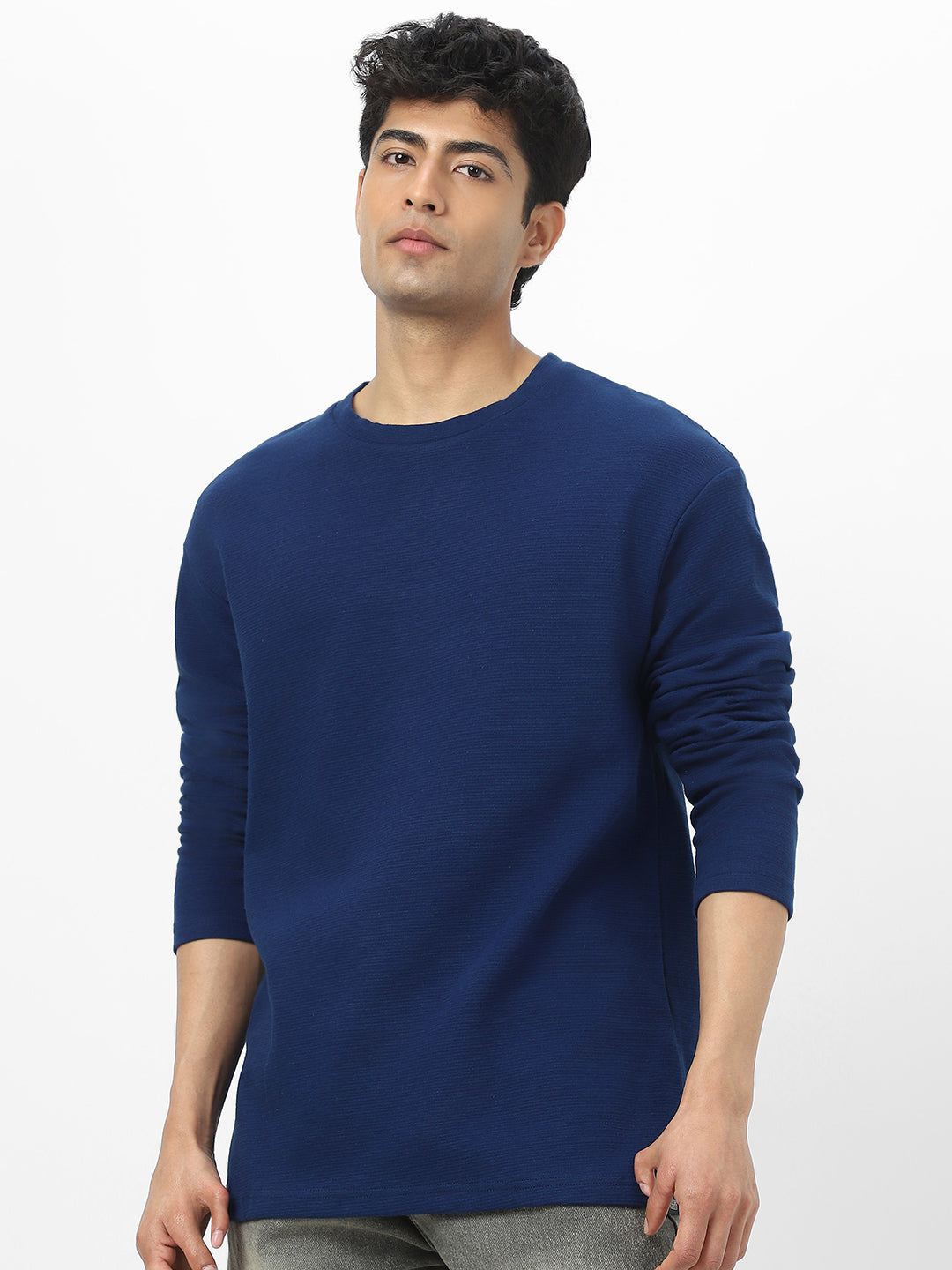 Men's Navy Textured Round Neck Oversized Full Sleeve Cotton T-Shirt