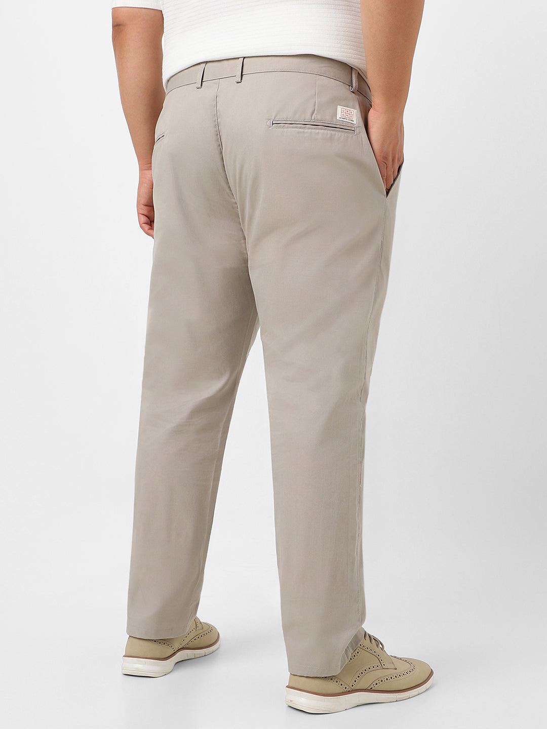 Plus Men's Grey Cotton Regular Fit Casual Chinos Trousers