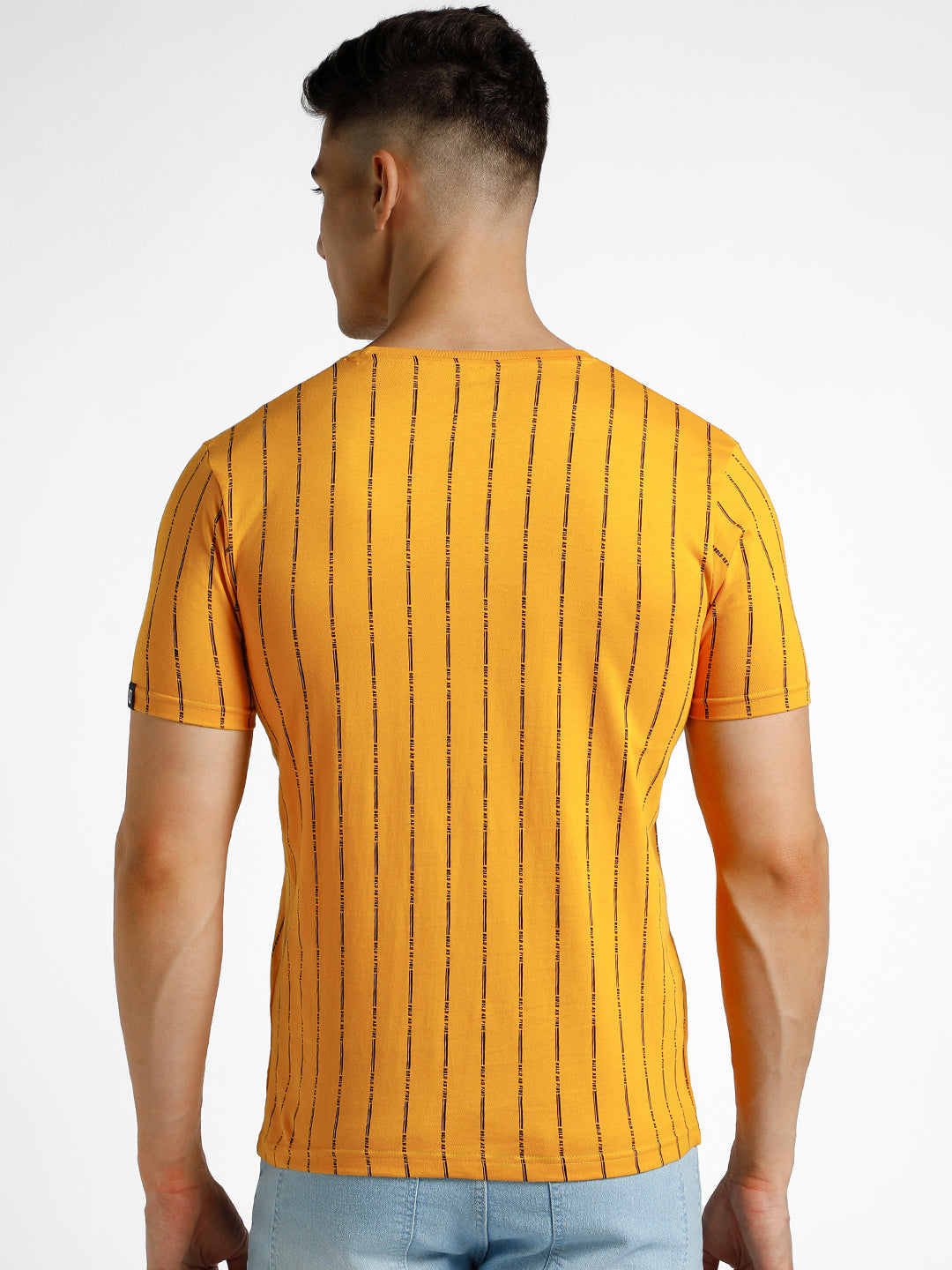Men's Yellow Printed Round Neck Half Sleeve Slim Fit Cotton T-Shirt