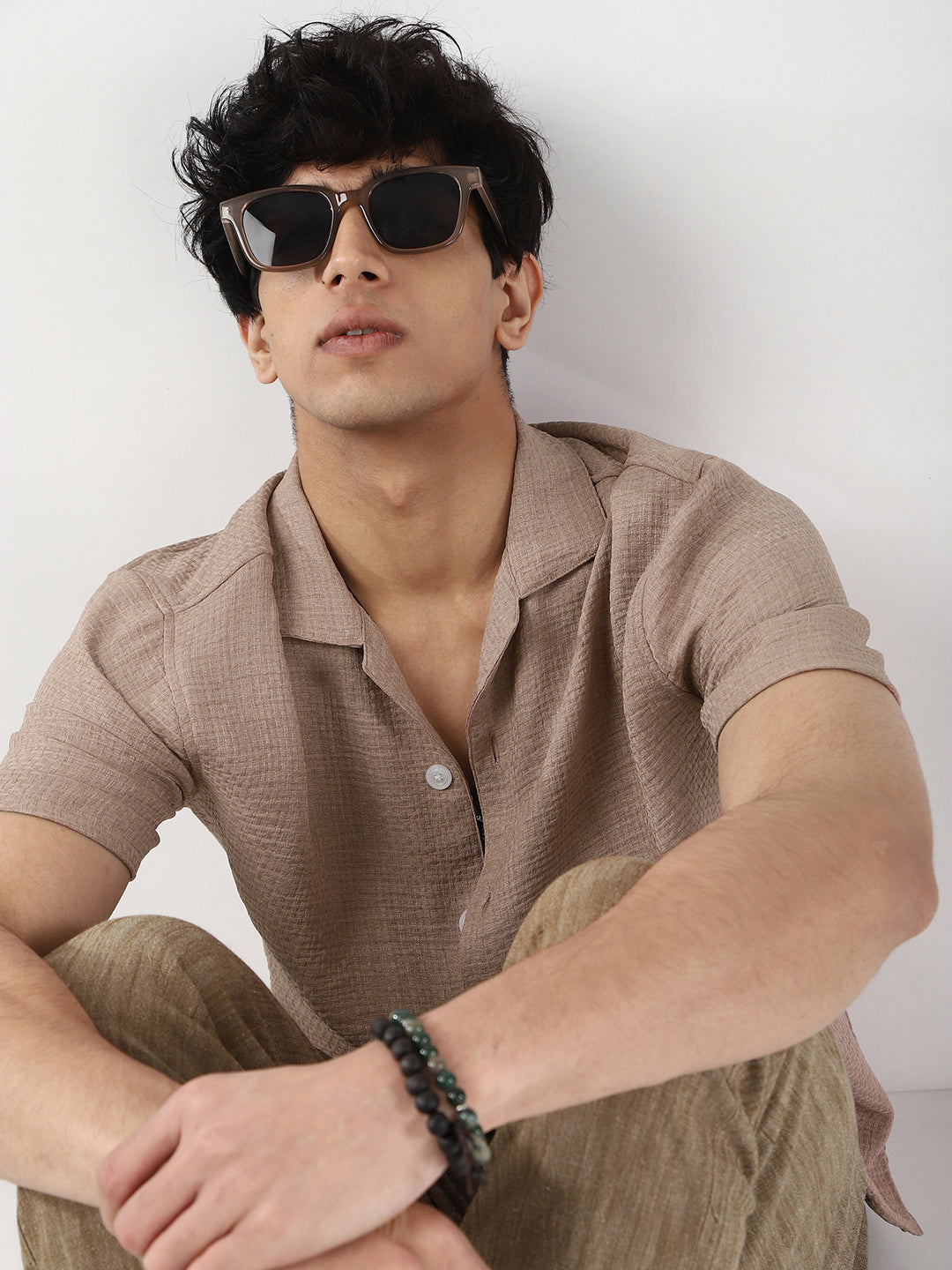 Men's Mocha Mousse Cotton Half Sleeve Oversized Fit Textured Shirt with Cuban Collar