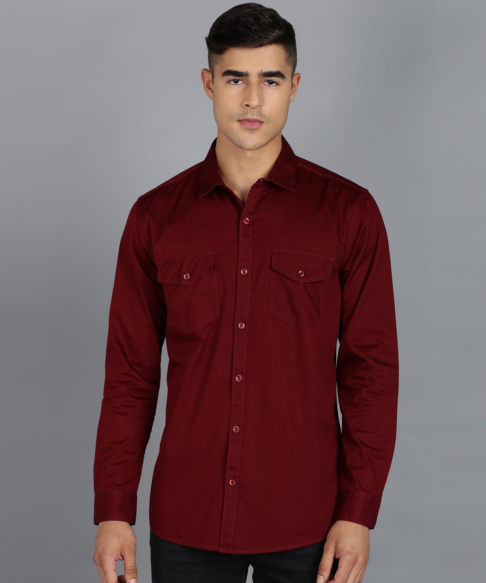 Men's Maroon Cotton Full Sleeve Slim Fit Casual Solid Shirt